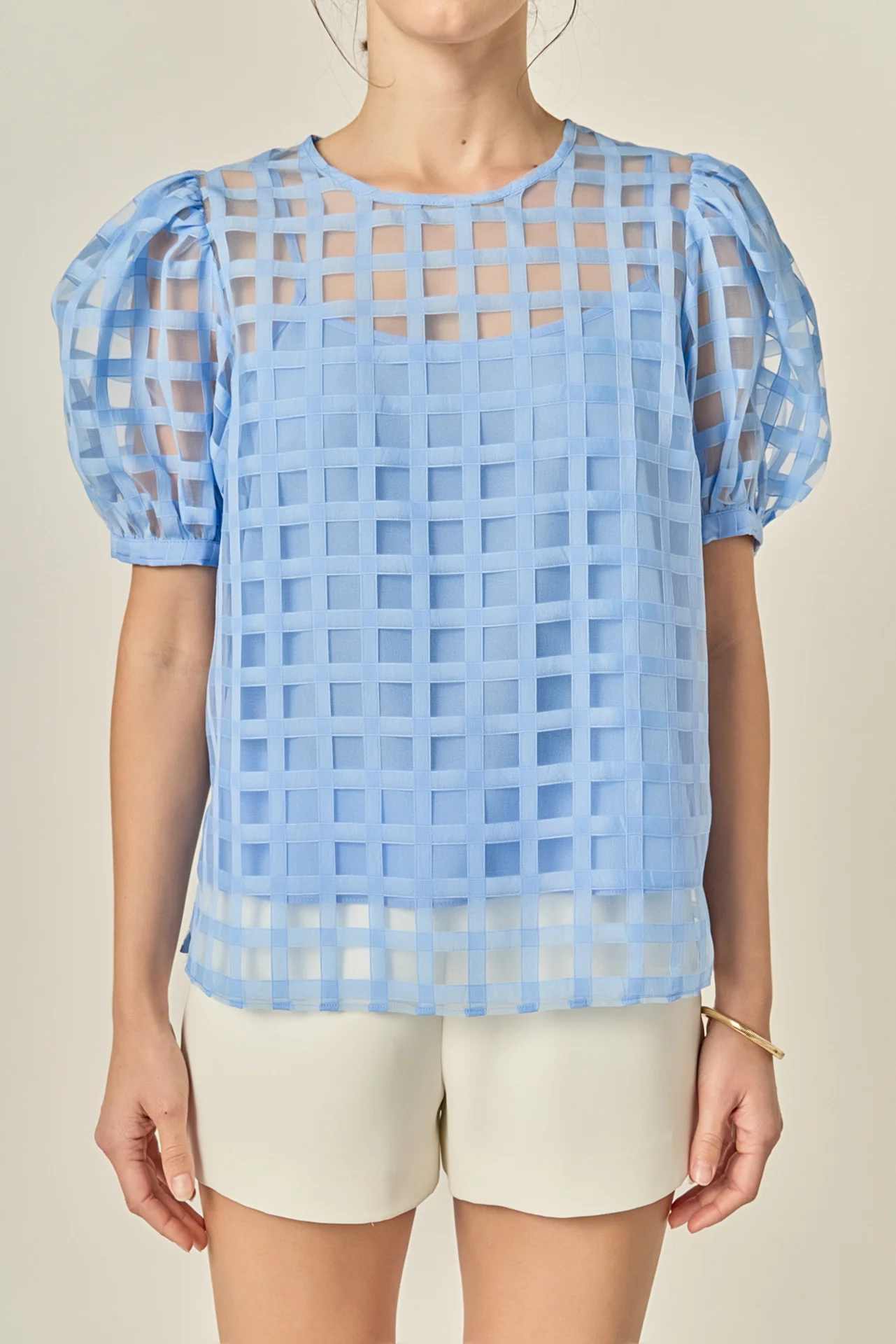 Puff Sleeve Plaid Sheer Top - Image 2