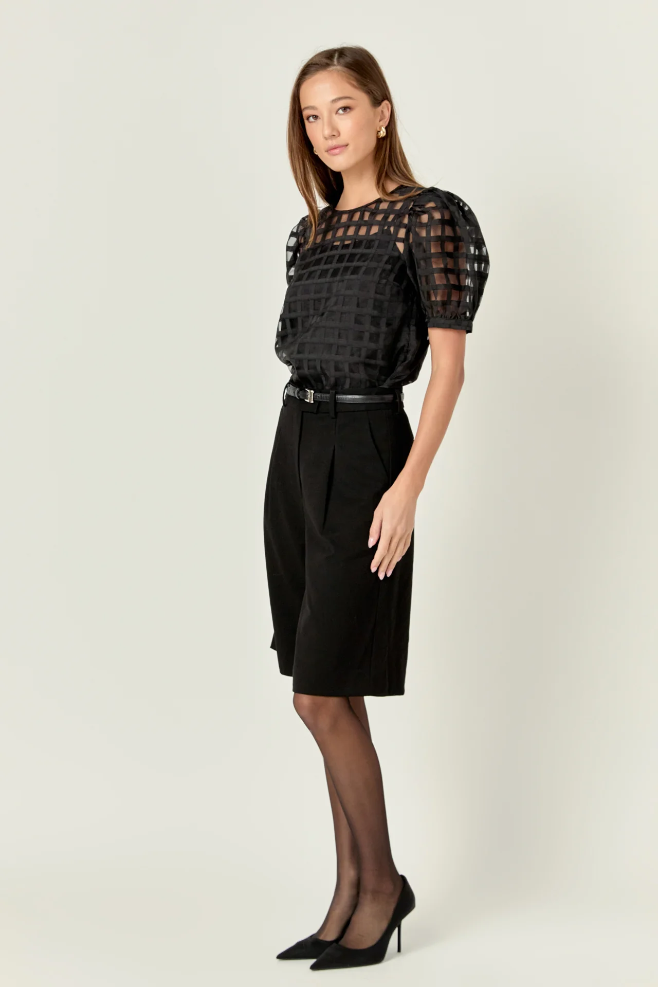Puff Sleeve Plaid Sheer Top - Image 40