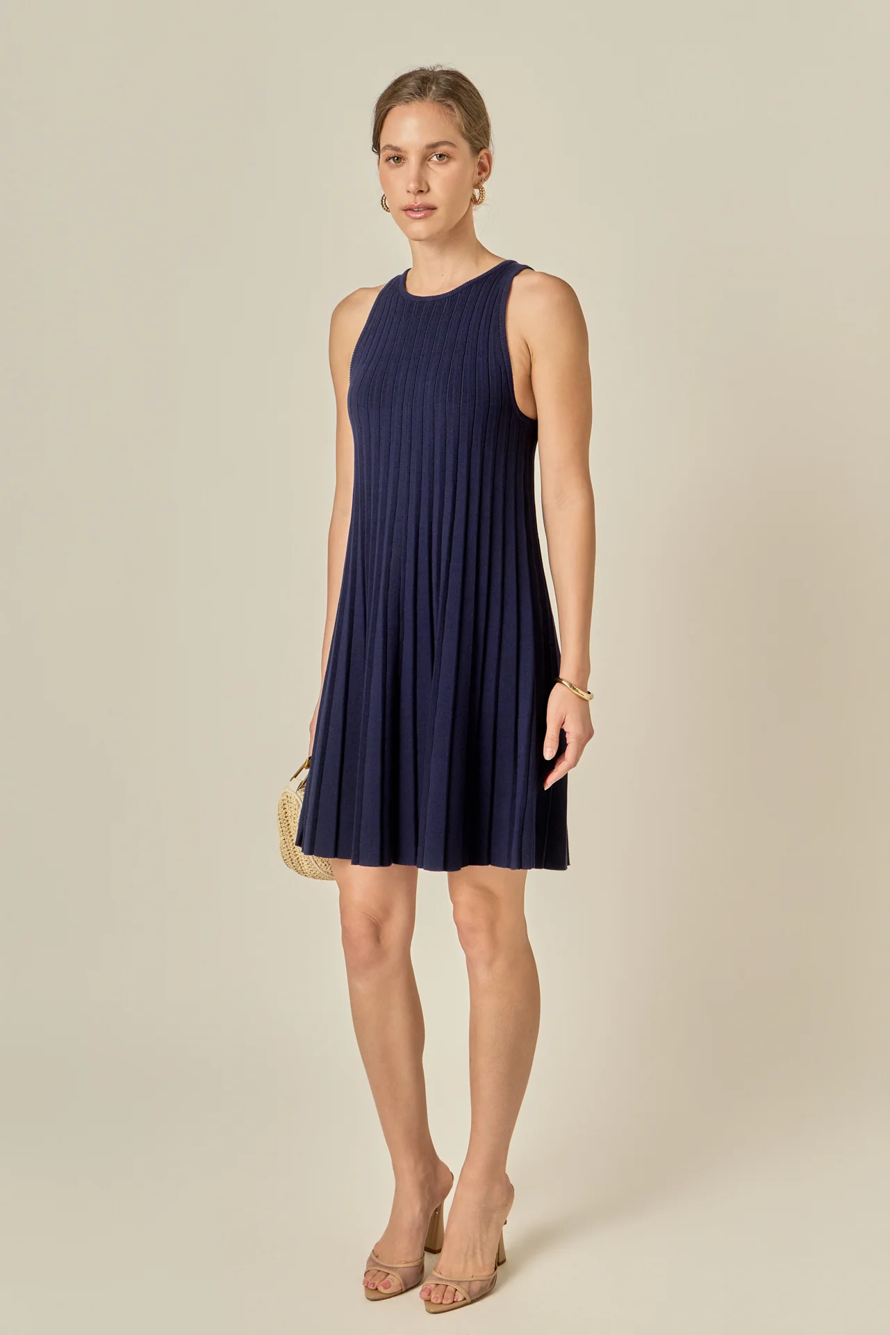Pleated A-line Knit Mini Dress - Image 3
