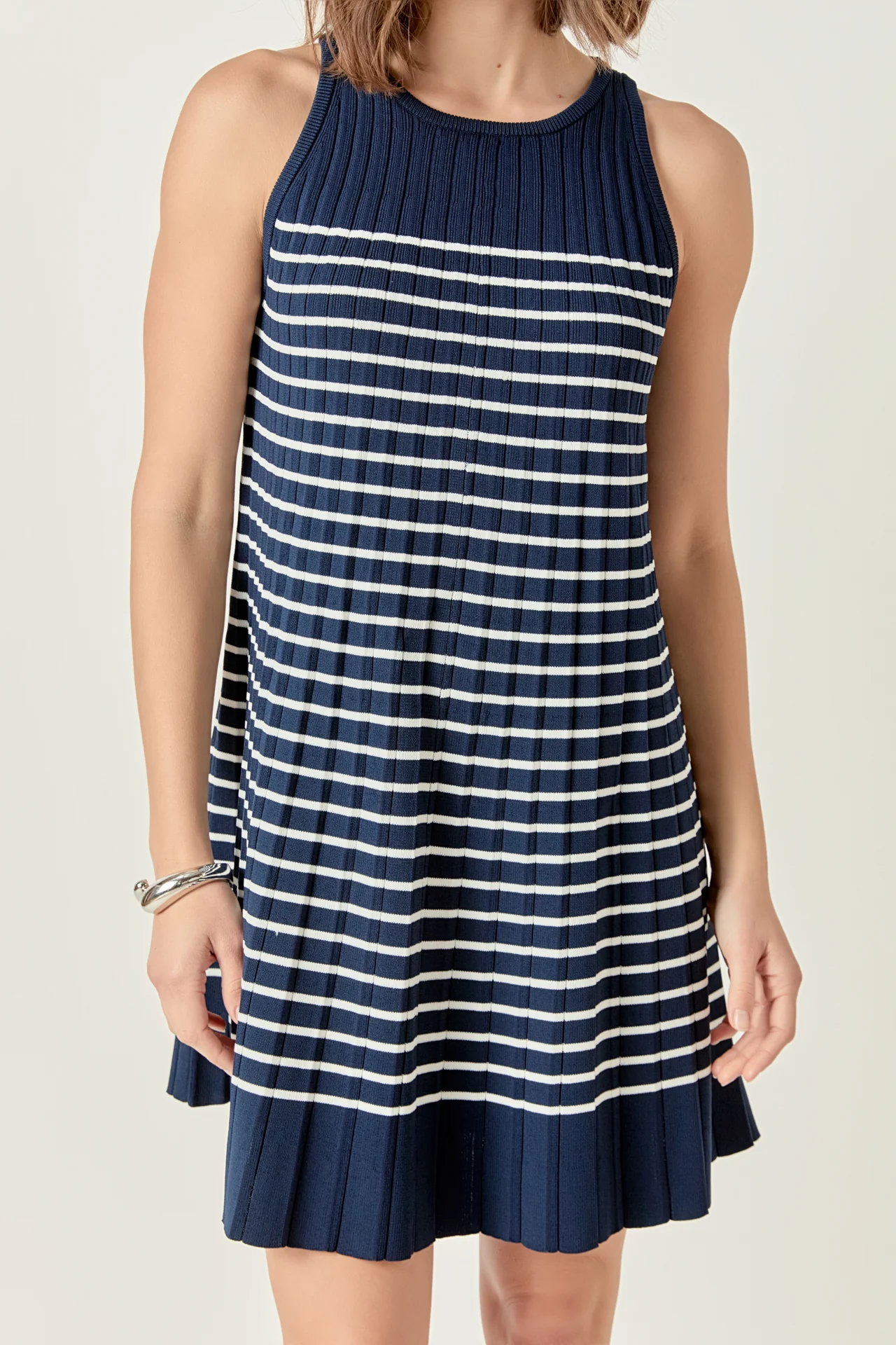 Clara Pleated A-line Knit Stripe Mini Dress - Image 2