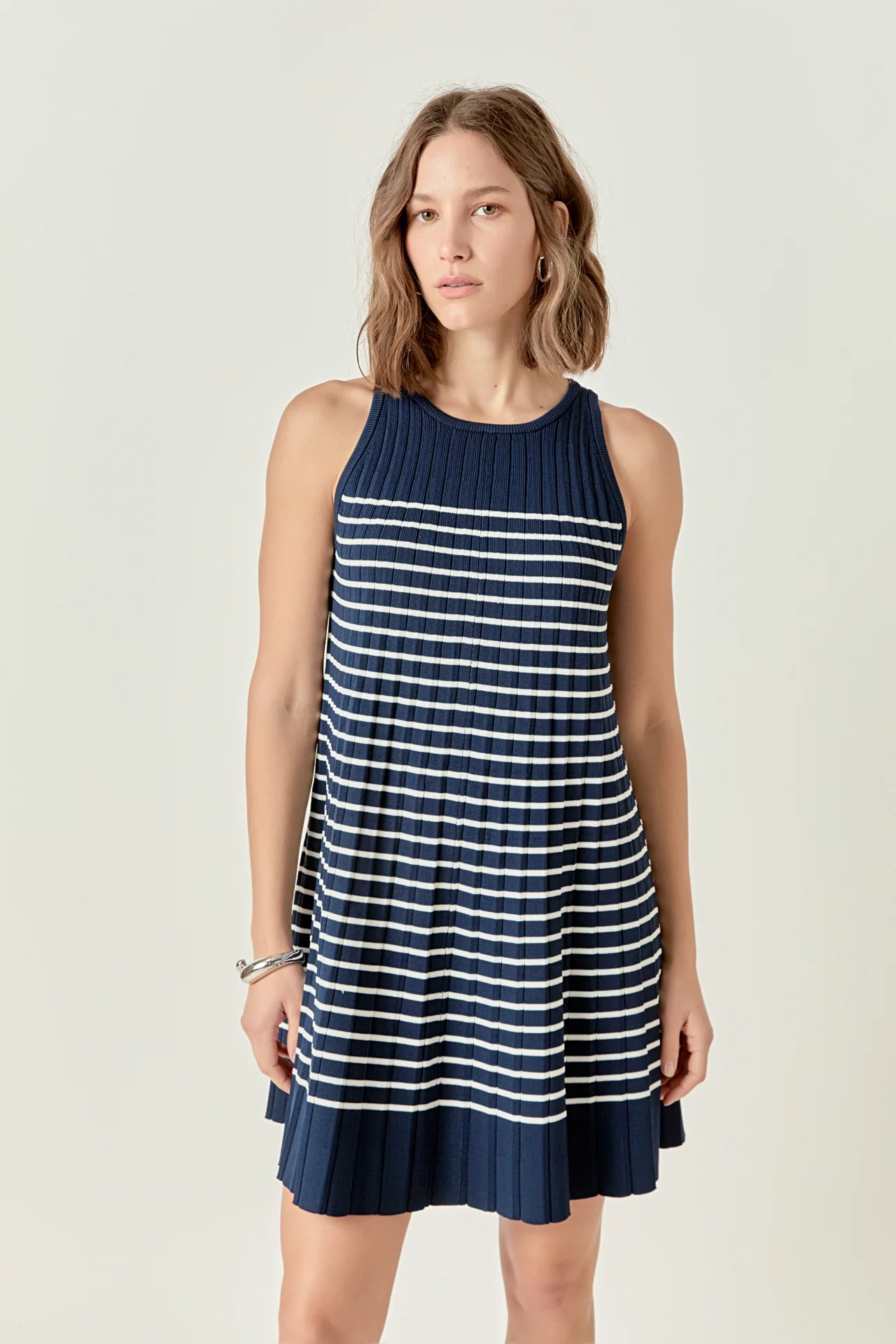 Clara Pleated A-line Knit Stripe Mini Dress - Image 5