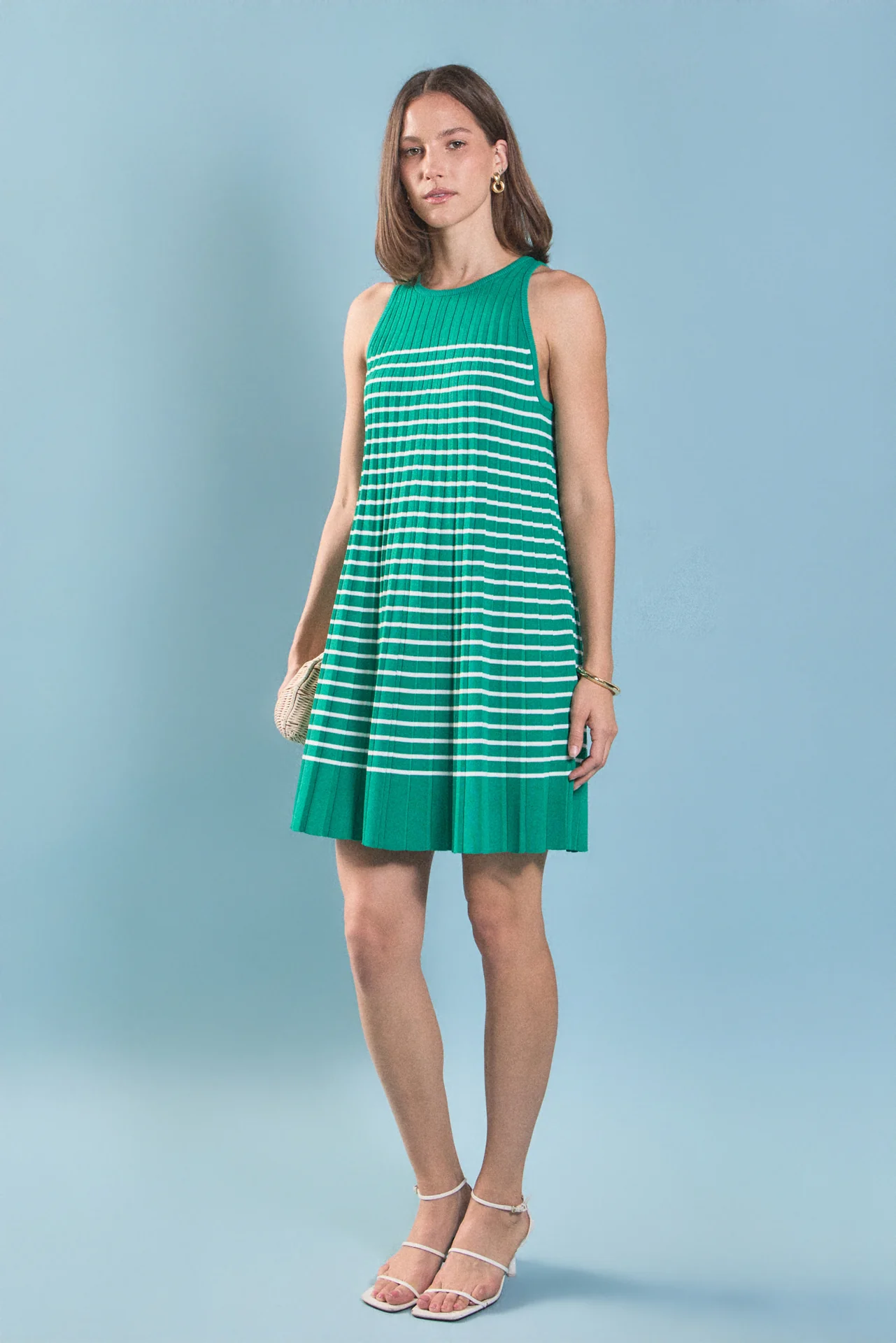 Pleated A-line Knit Stripe Mini Dress - Image 3