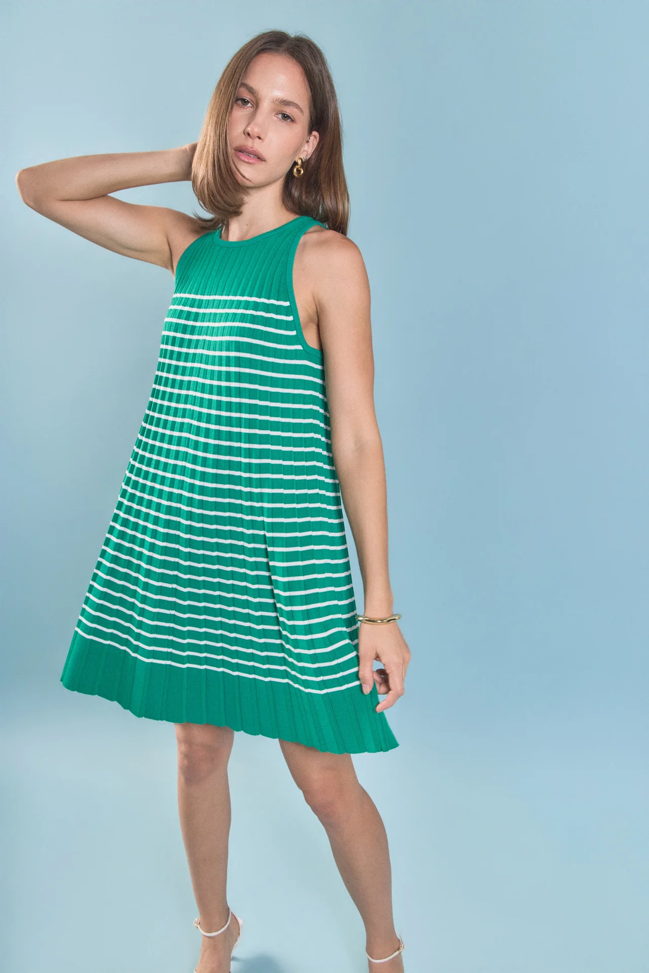 Pleated A-line Knit Stripe Mini Dress - Image 5