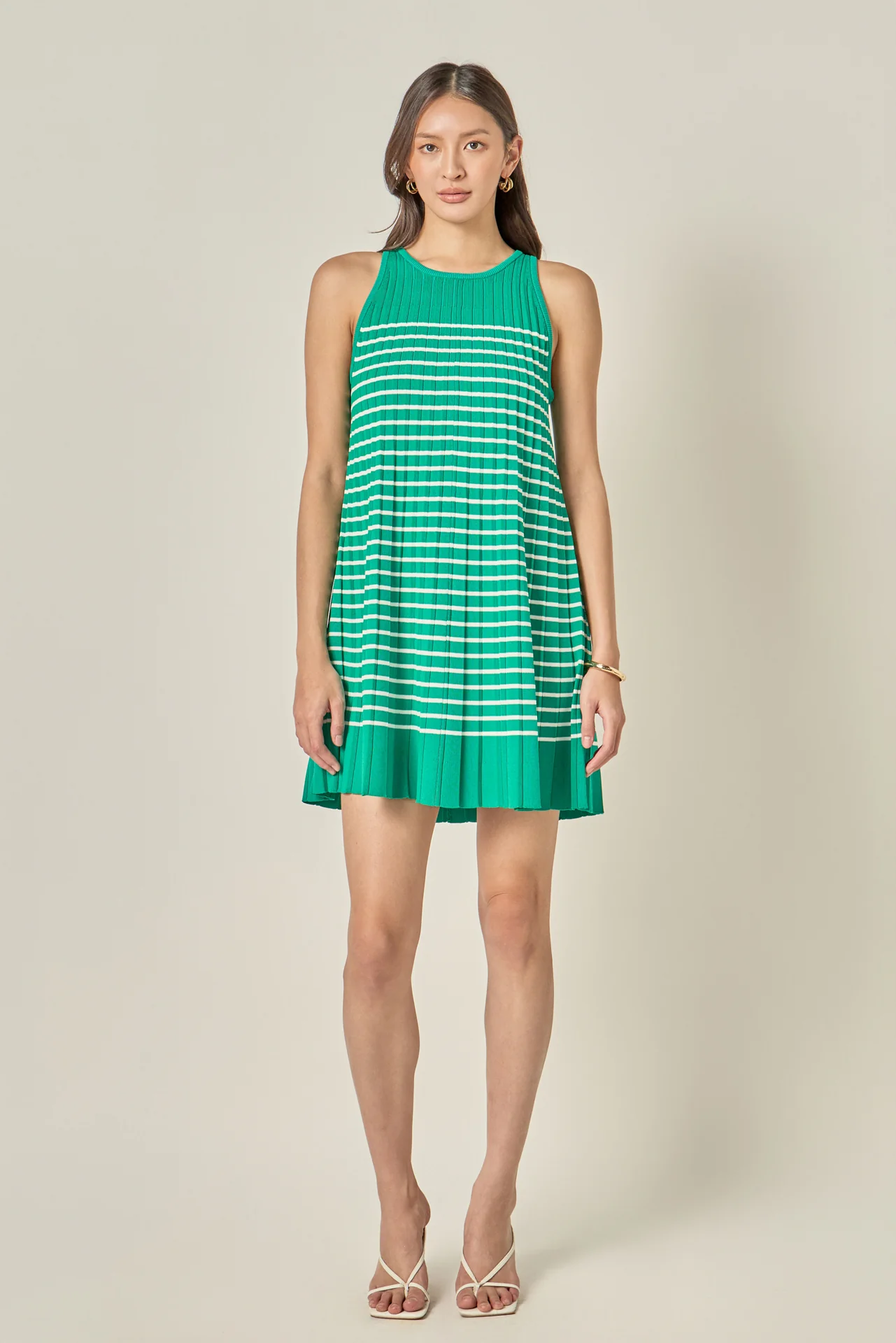 Pleated A-line Knit Stripe Mini Dress - Image 6
