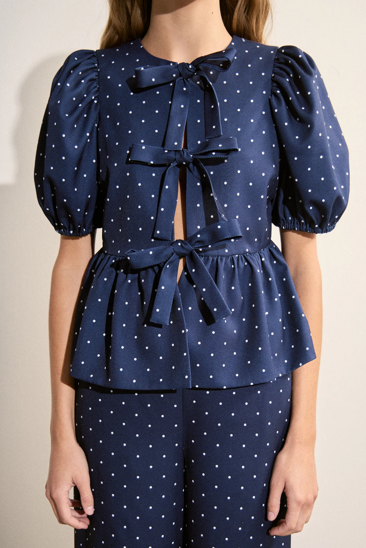 Polka Dot Tie Front Puff Sleeve Top - Image 2