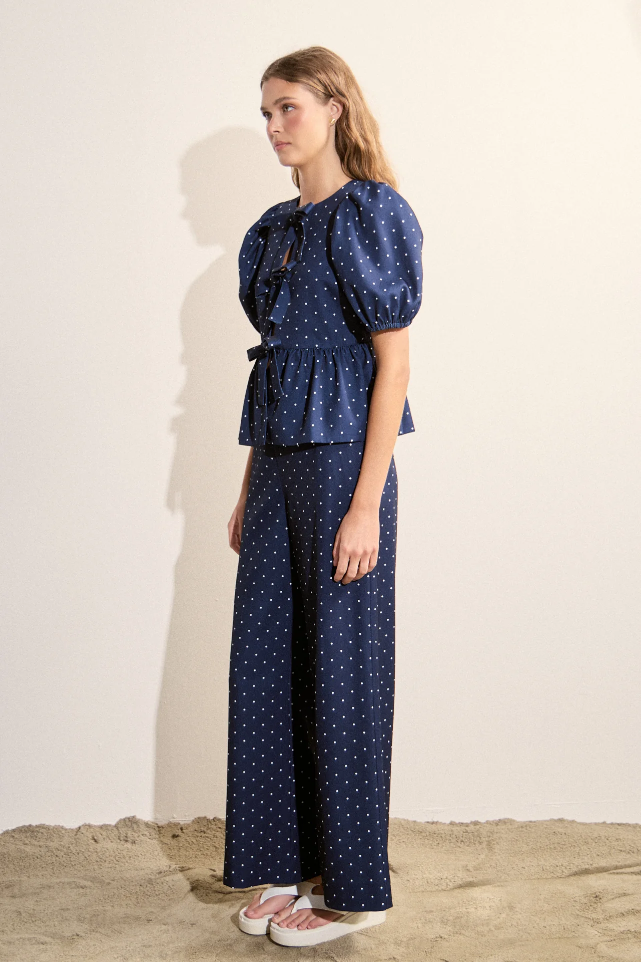Polka Dot Tie Front Puff Sleeve Top - Image 3