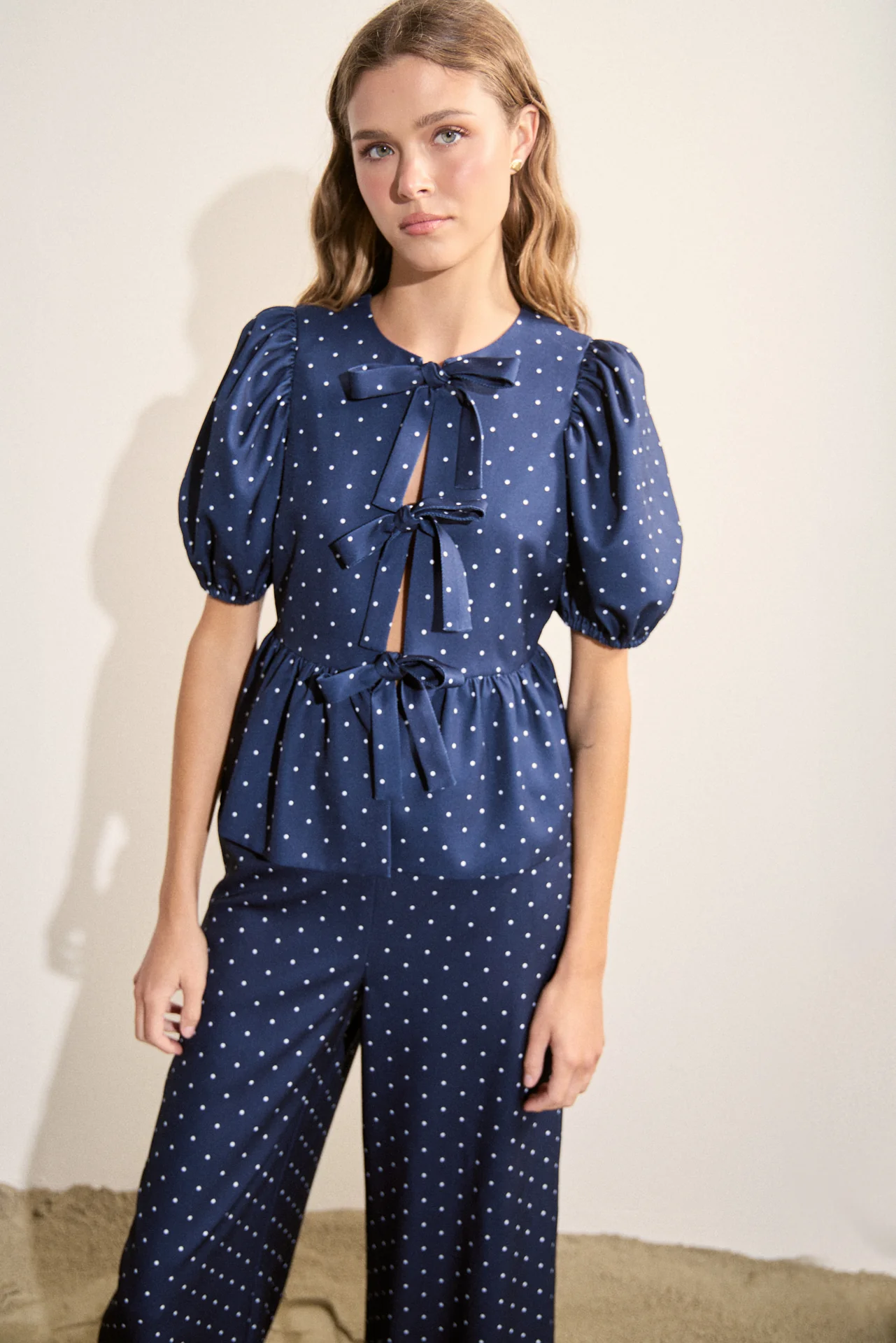 Polka Dot Tie Front Puff Sleeve Top - Image 5