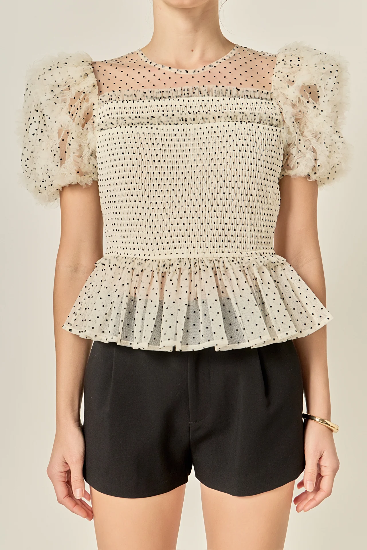 Polka Dot Puff Sleeve Peplum Top - Image 2