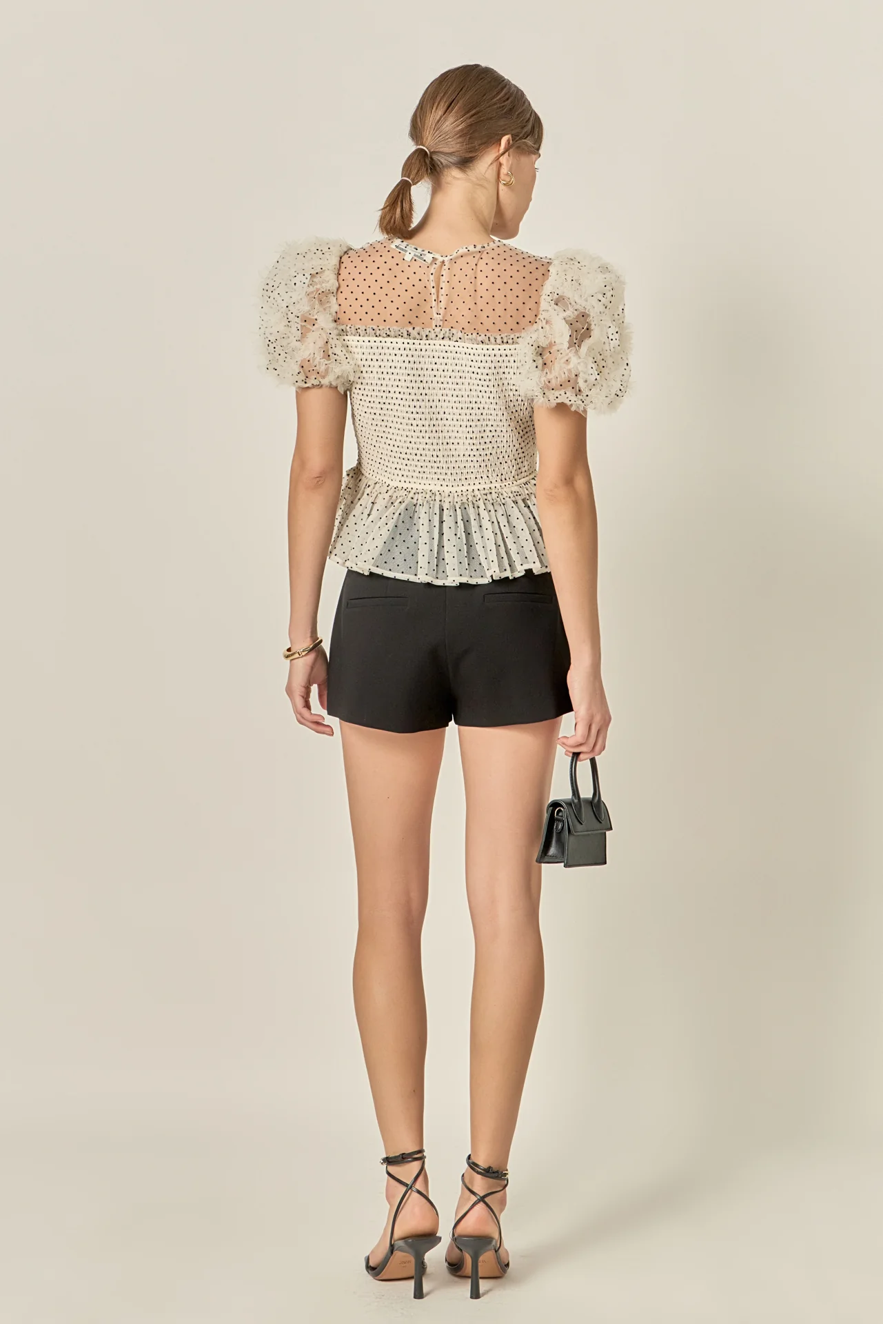 Polka Dot Puff Sleeve Peplum Top - Image 6