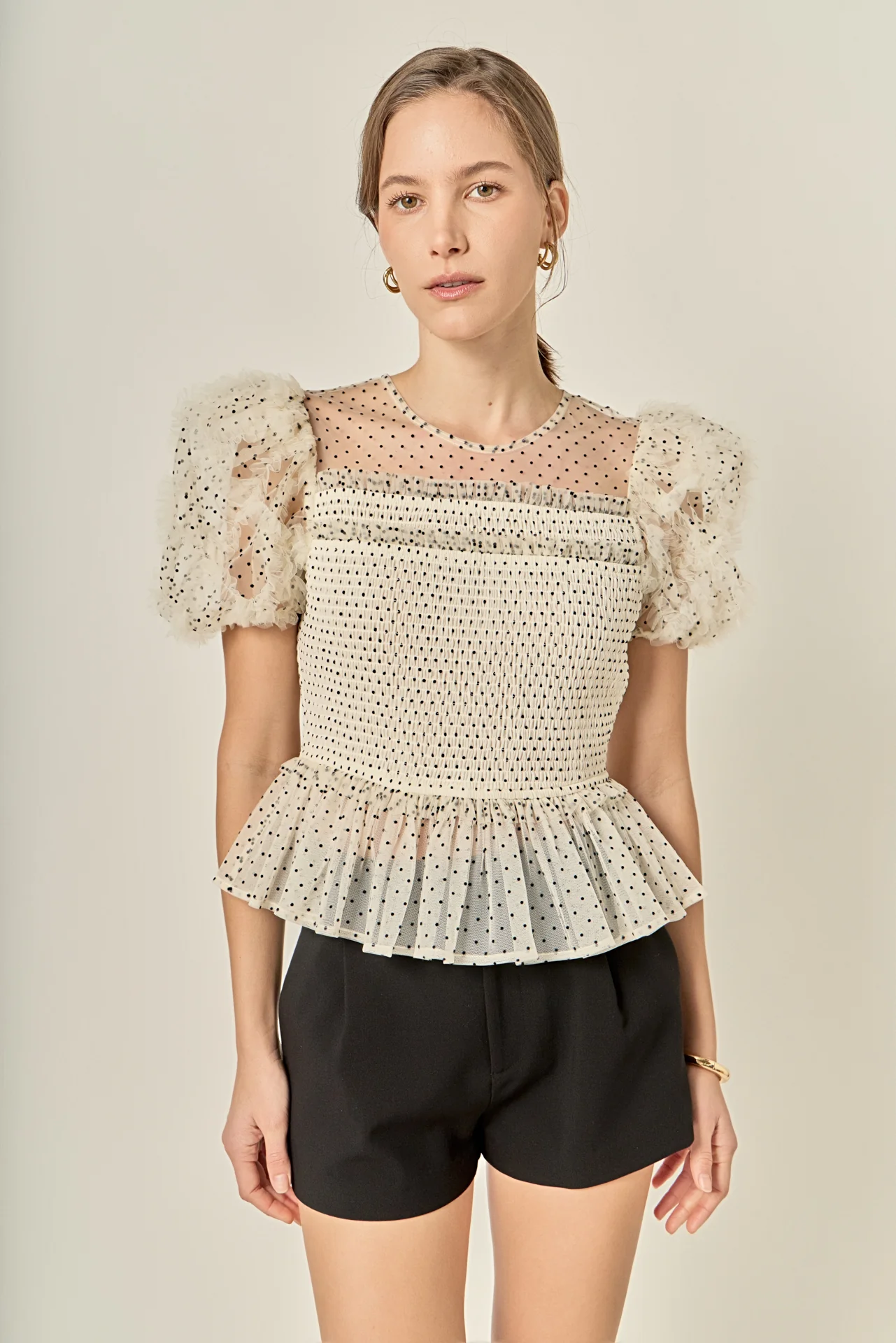 Polka Dot Puff Sleeve Peplum Top - Image 7