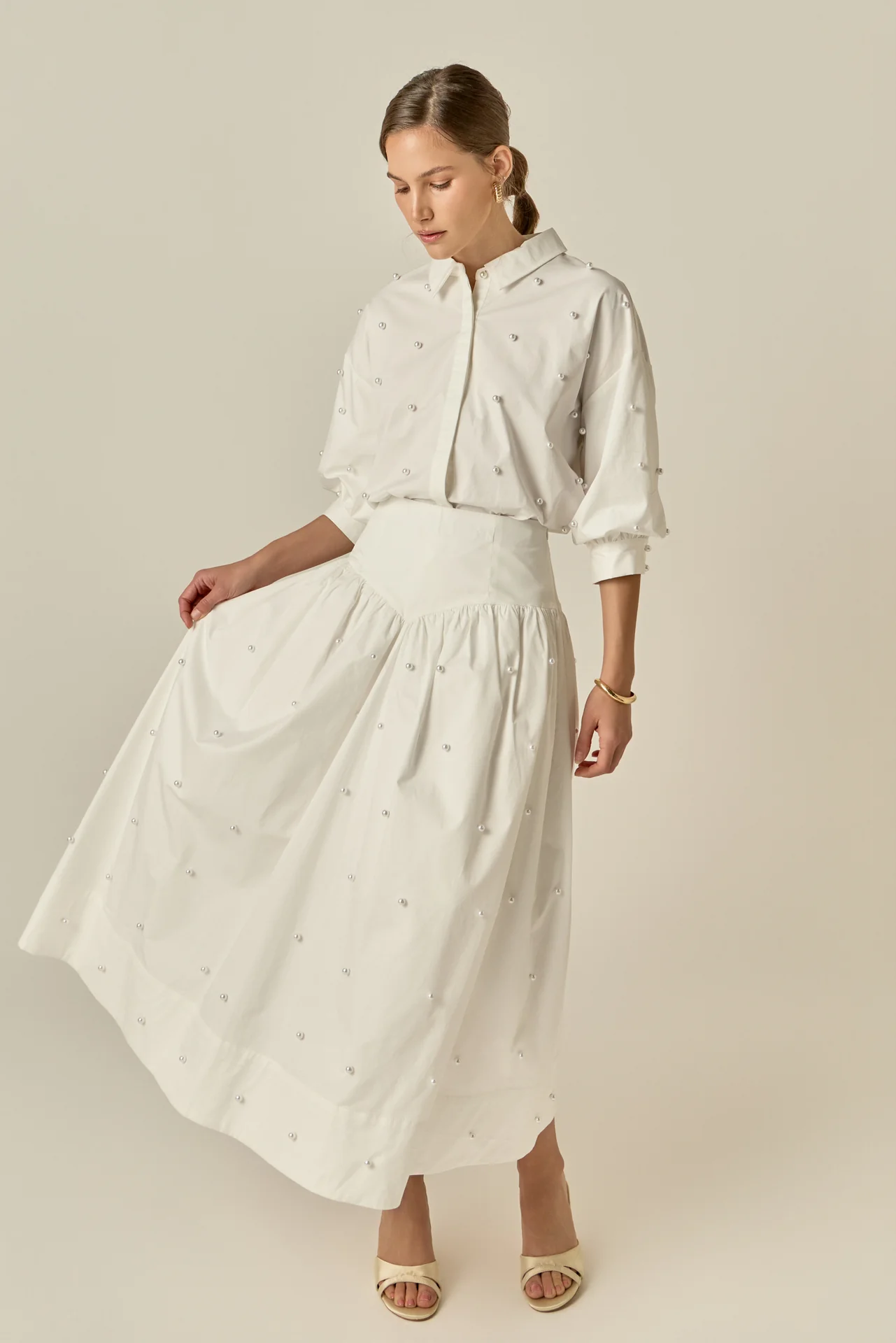 Pearl Embellished Poplin Midi Skirt - Image 11