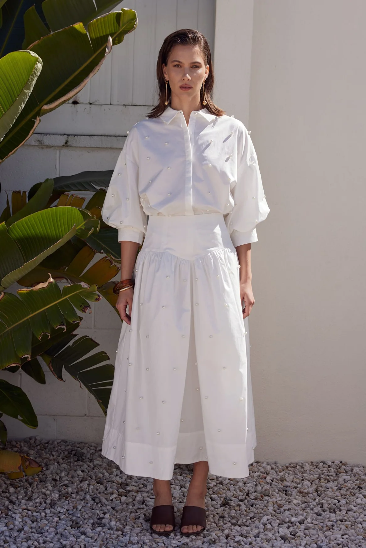 Pearl Embellished Poplin Midi Skirt - Image 3