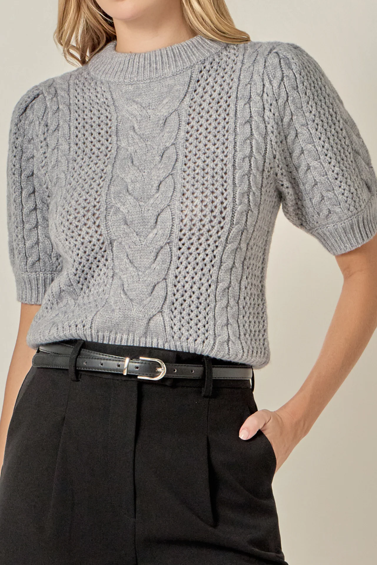Puff Sleeve Cable Sweater Top - Image 2