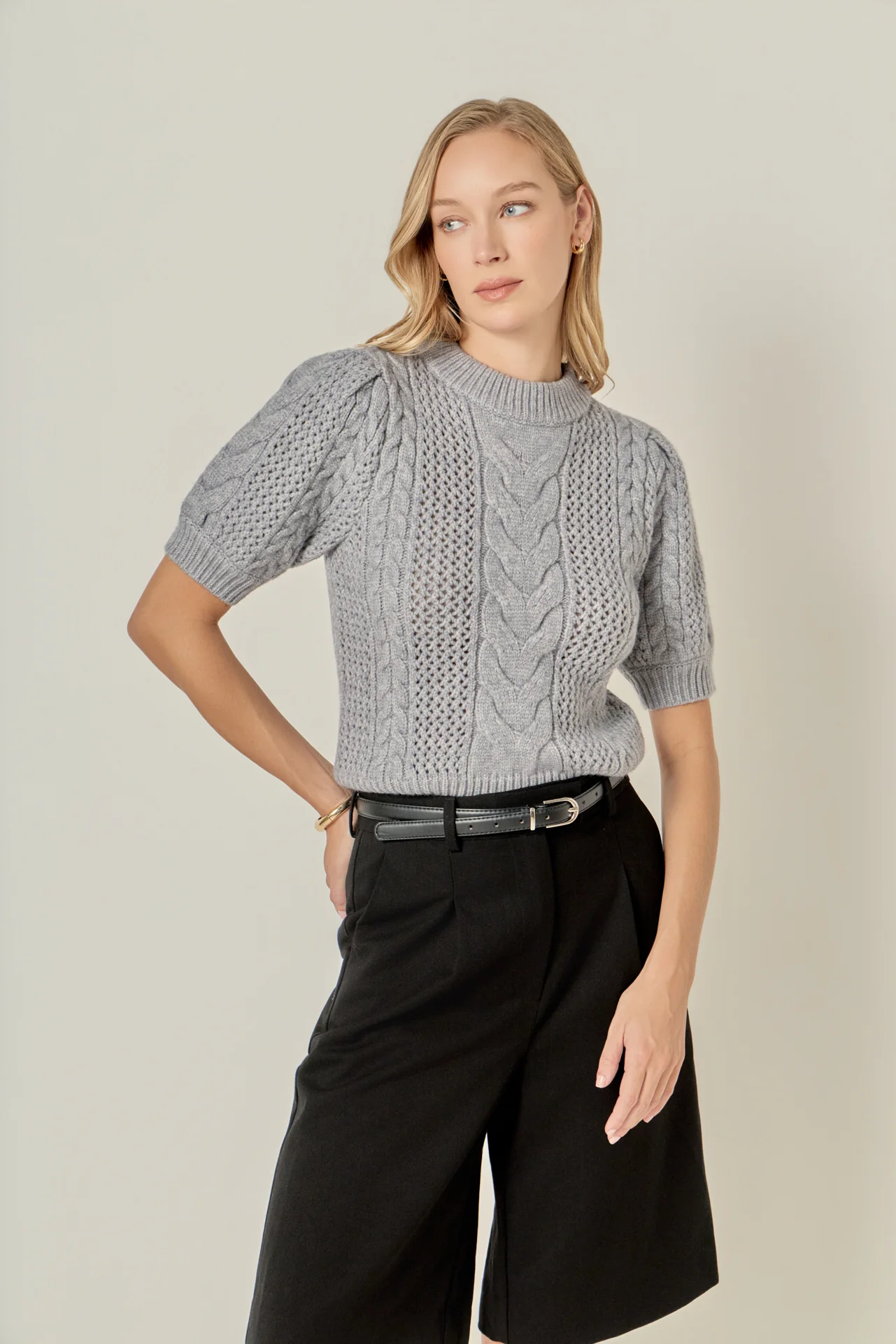 Puff Sleeve Cable Sweater Top - Image 5