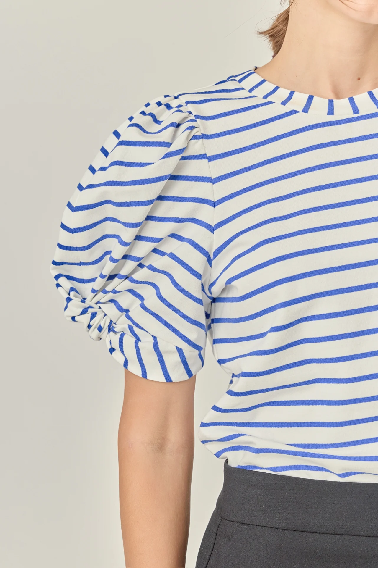 Striped Puff Sleeve Crewneck Top - Image 2