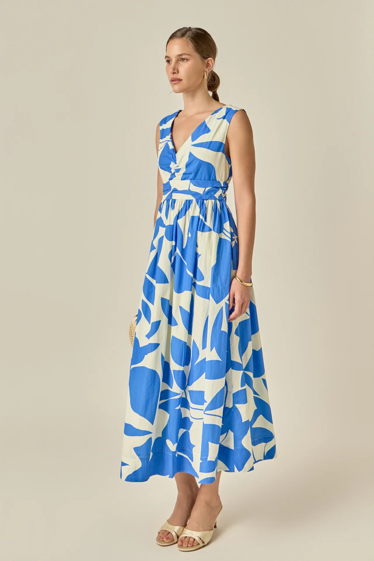 Puff Sleeve Print Ruched Midi Dress - Image 5