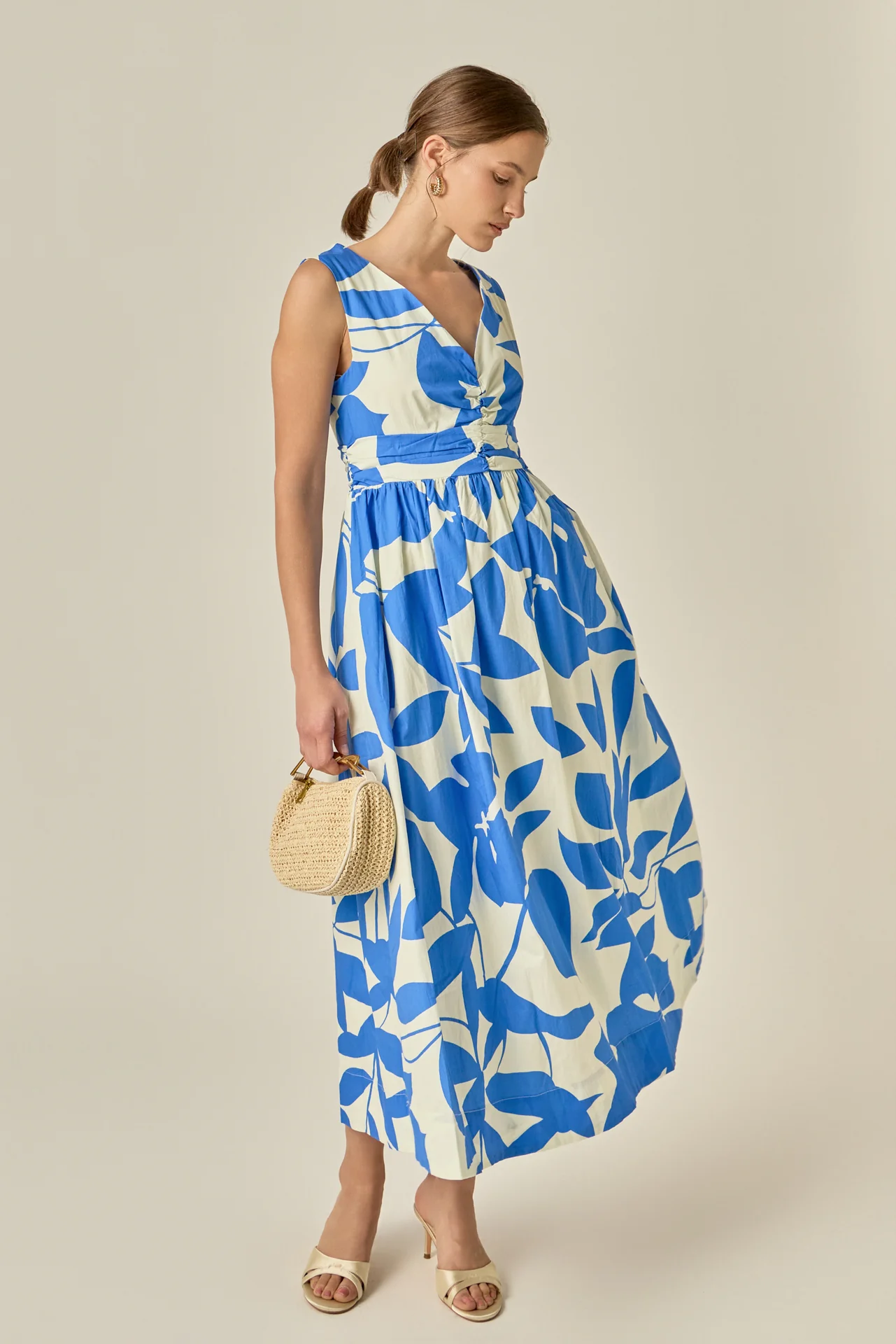 Puff Sleeve Print Ruched Midi Dress - Image 7
