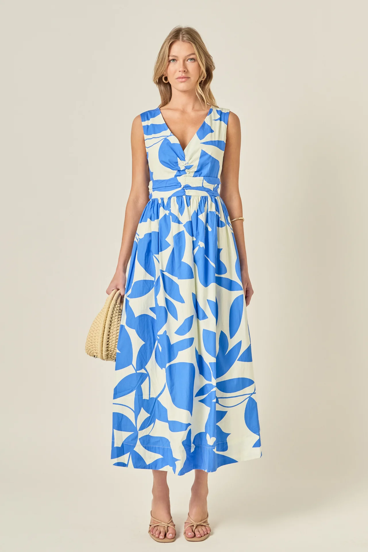 Puff Sleeve Print Ruched Midi Dress - Image 8