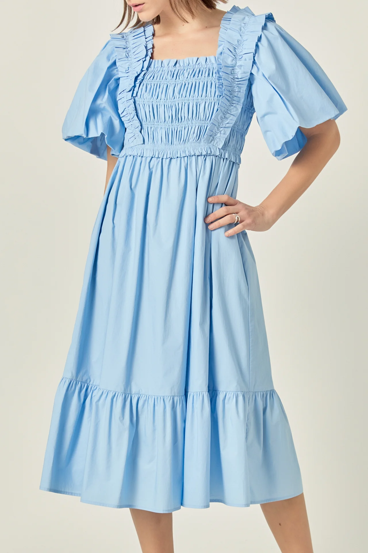 Puff Short Sleeve Square Neck Midi Dress - Image 2