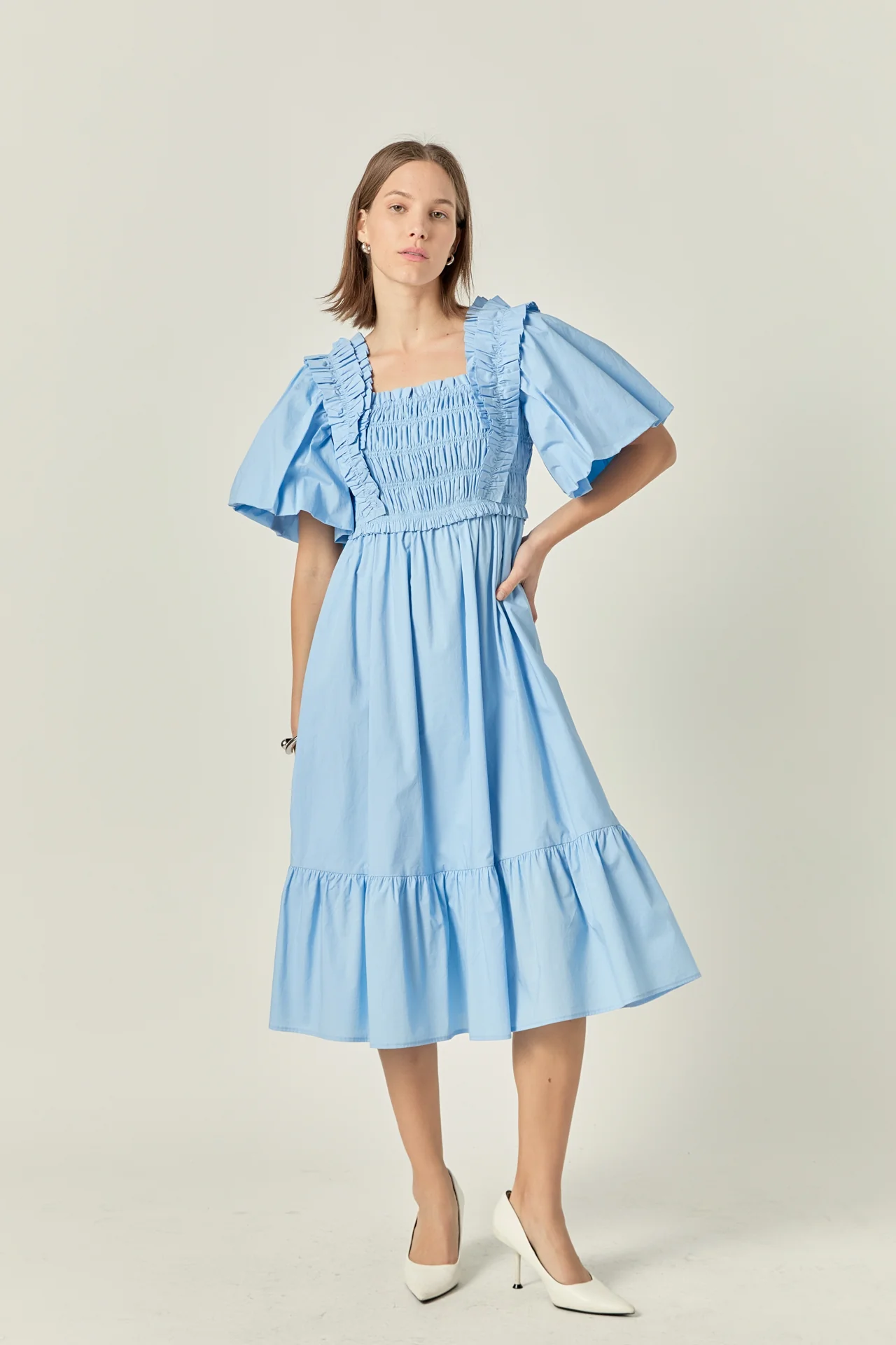 Puff Short Sleeve Square Neck Midi Dress - Image 5