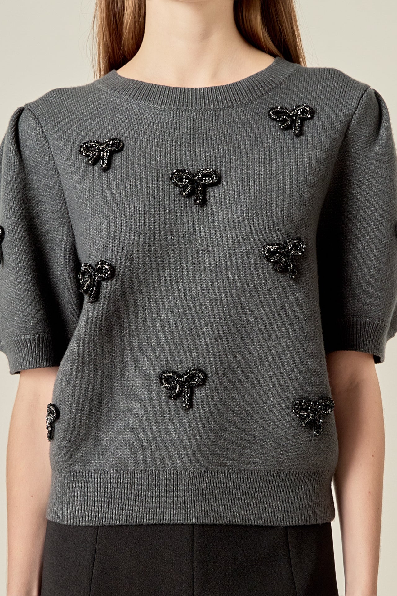 Rhinestone Bow Puff Sleeve Knit Top - Image 2