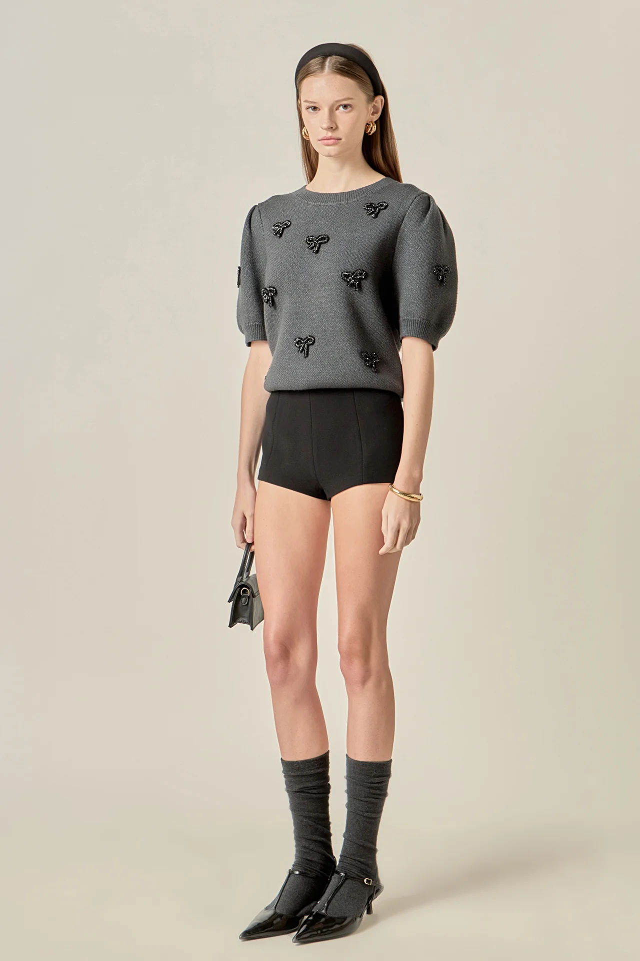 Rhinestone Bow Puff Sleeve Knit Top - Image 3
