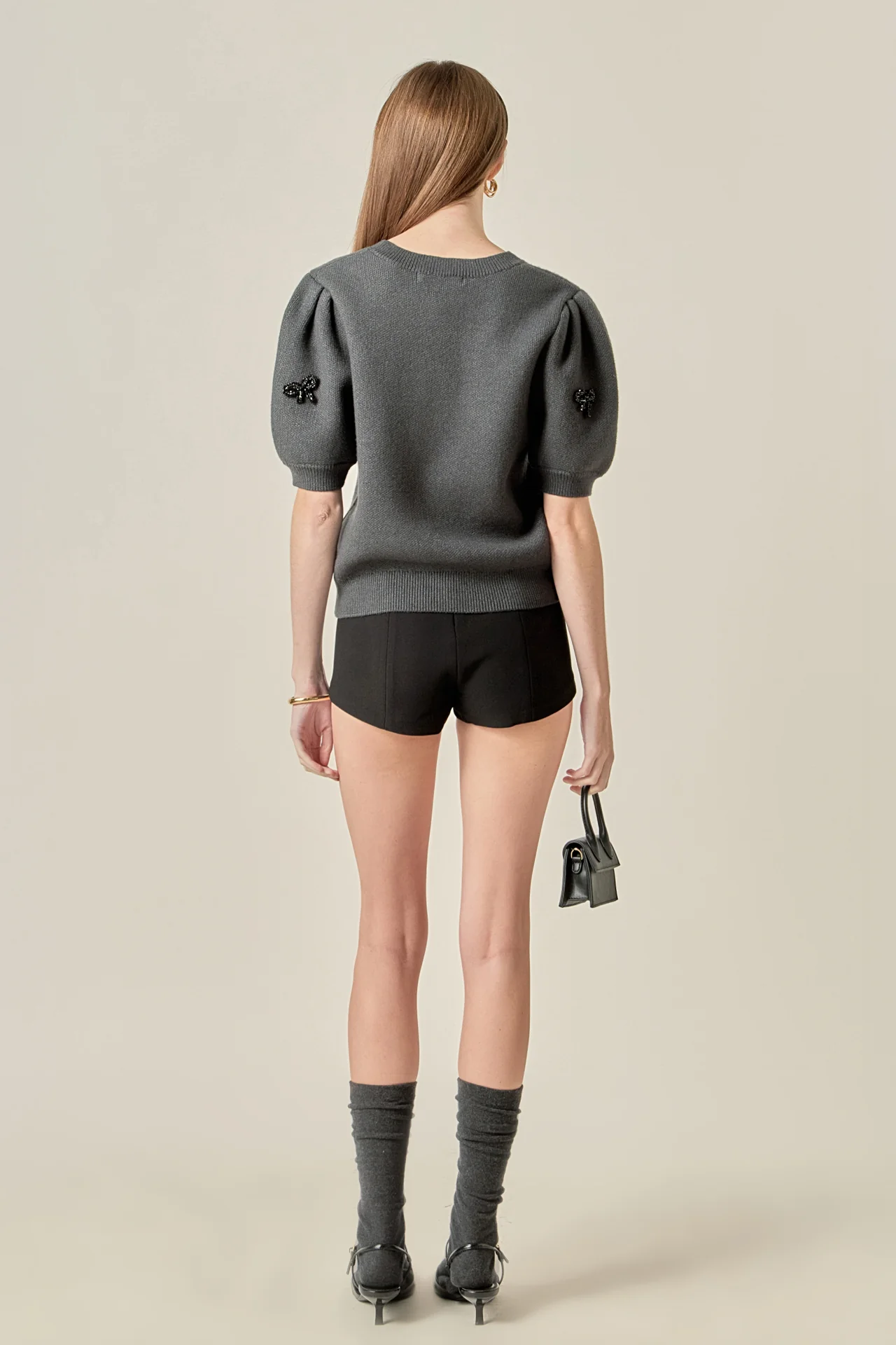 Rhinestone Bow Puff Sleeve Knit Top - Image 4