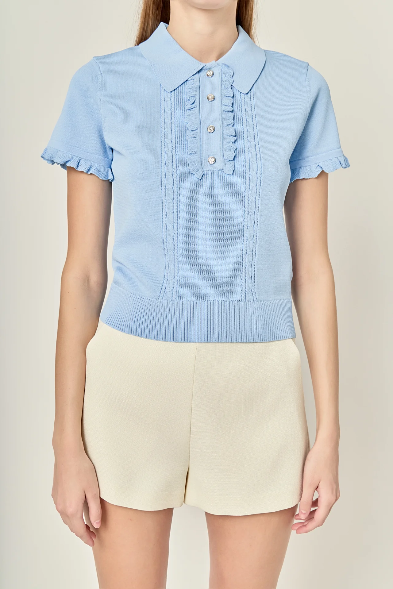 Ruffle Trim Collared Knit Top - Image 2