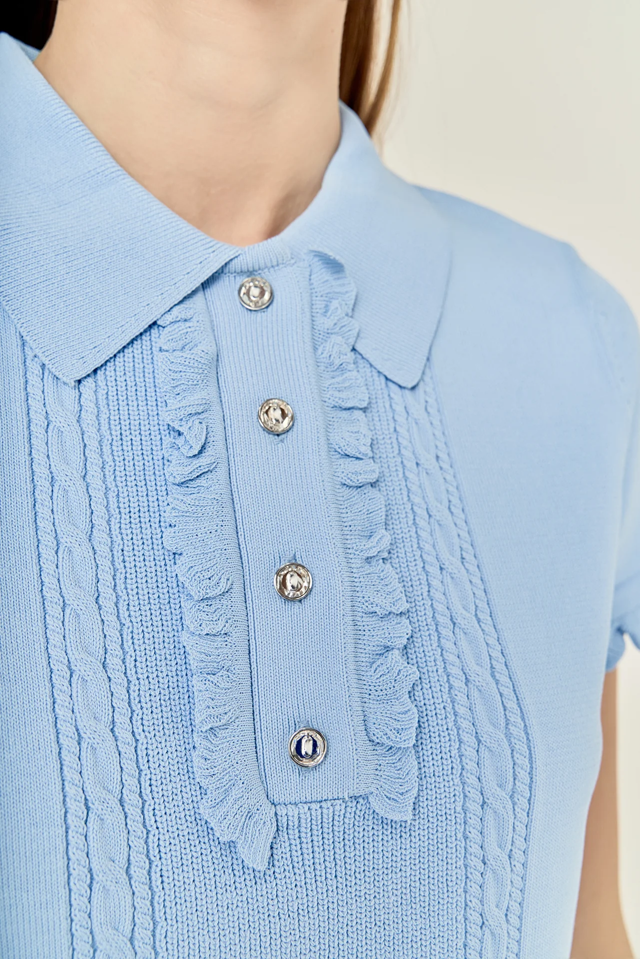 Ruffle Trim Collared Knit Top - Image 3
