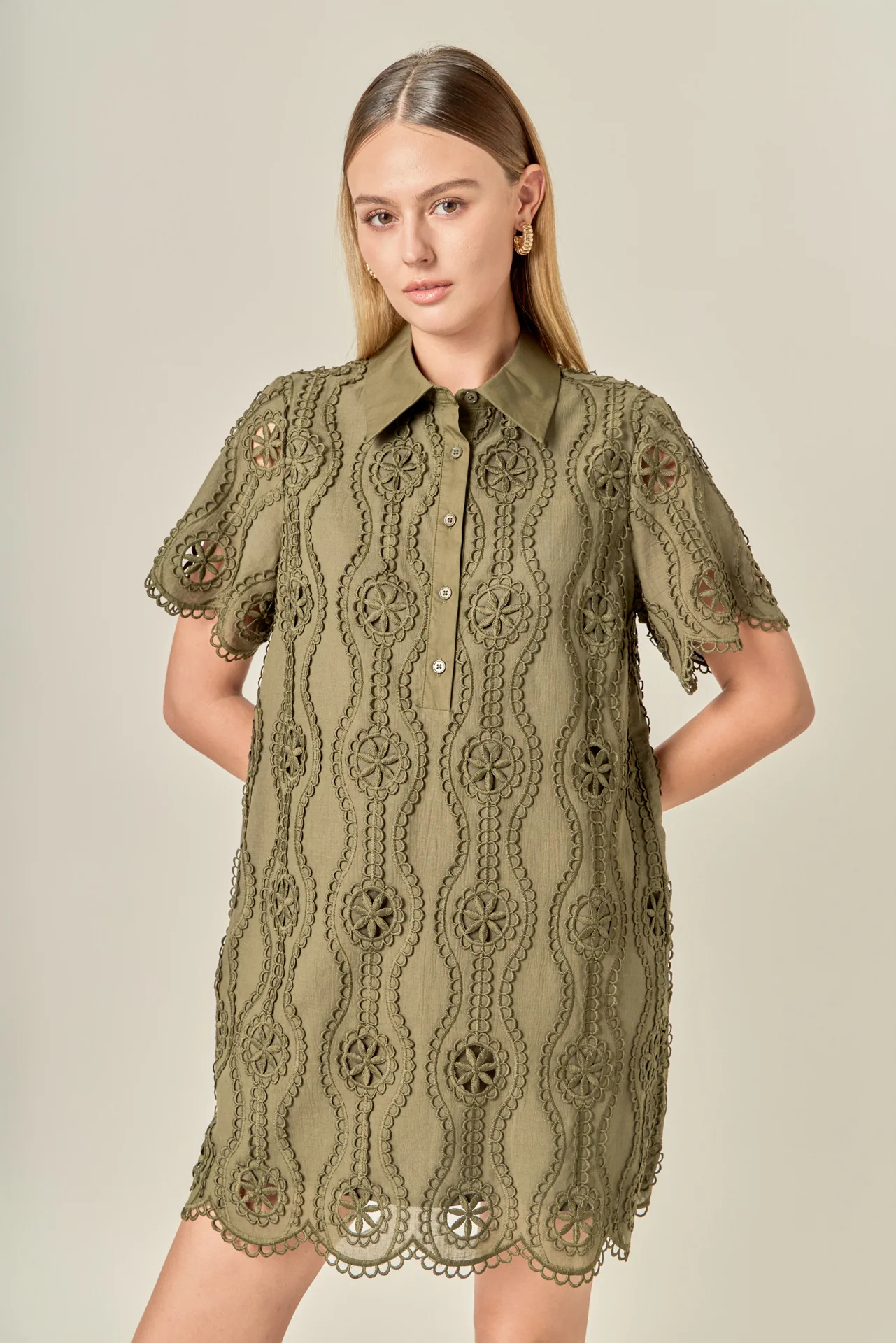 Scallop Embroidered Cotton Mini Shirt Dress - Image 12