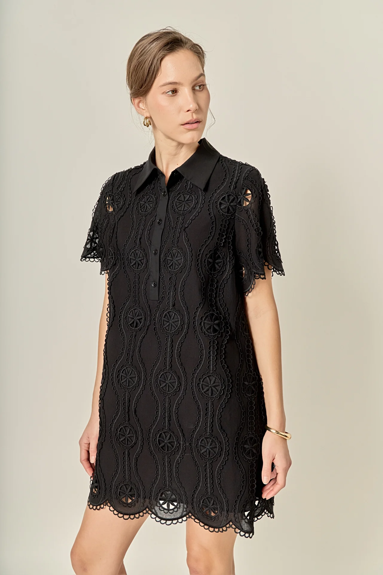 Scallop Embroidered Cotton Mini Shirt Dress - Image 6
