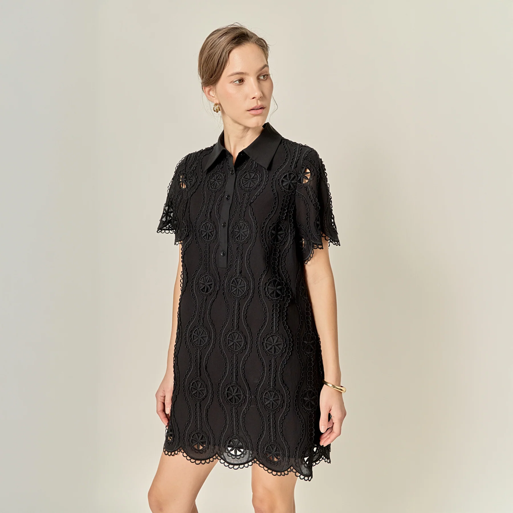 Scallop Embroidered Cotton Mini Shirt Dress - Image 7