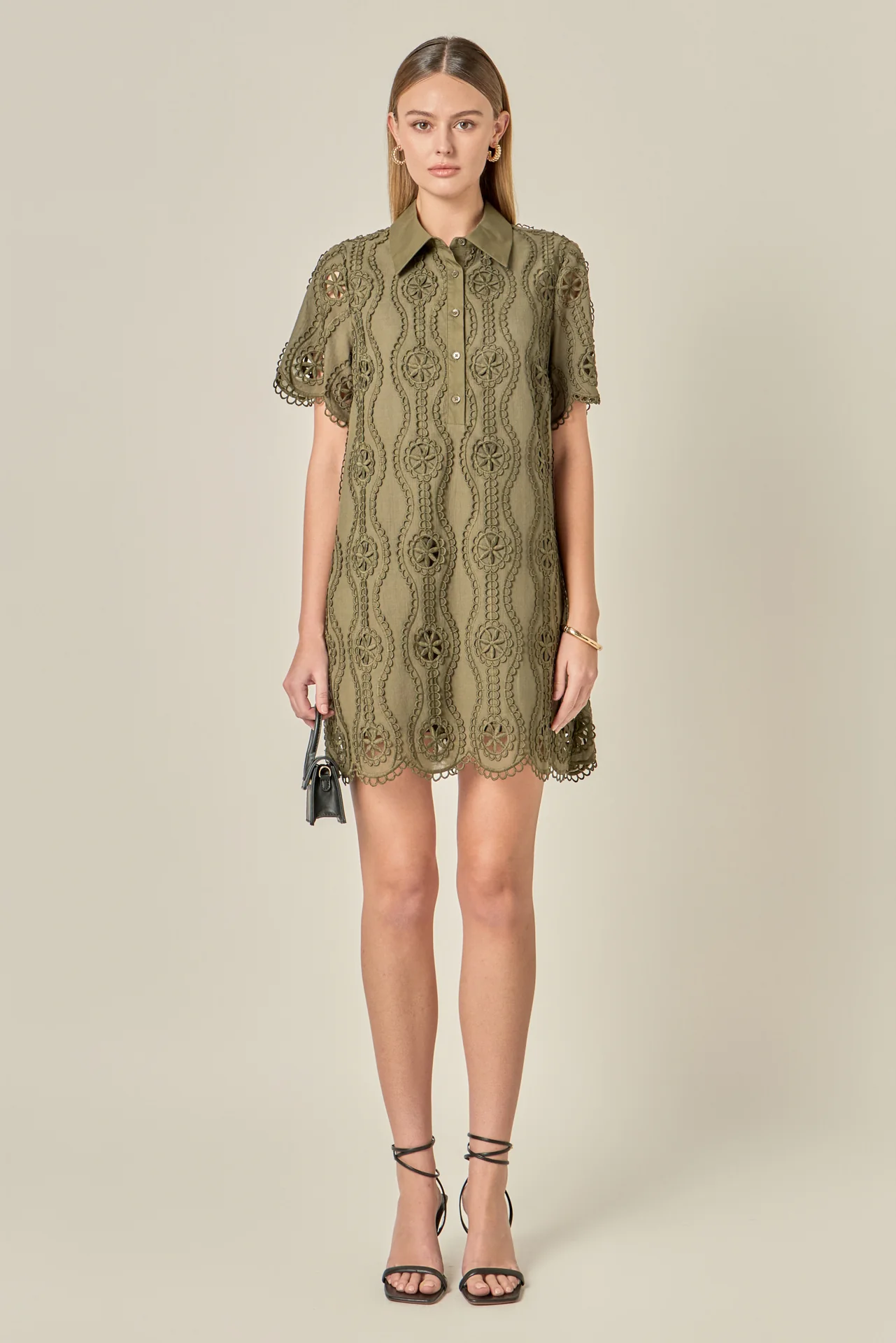 Scallop Embroidered Cotton Mini Shirt Dress - Image 8