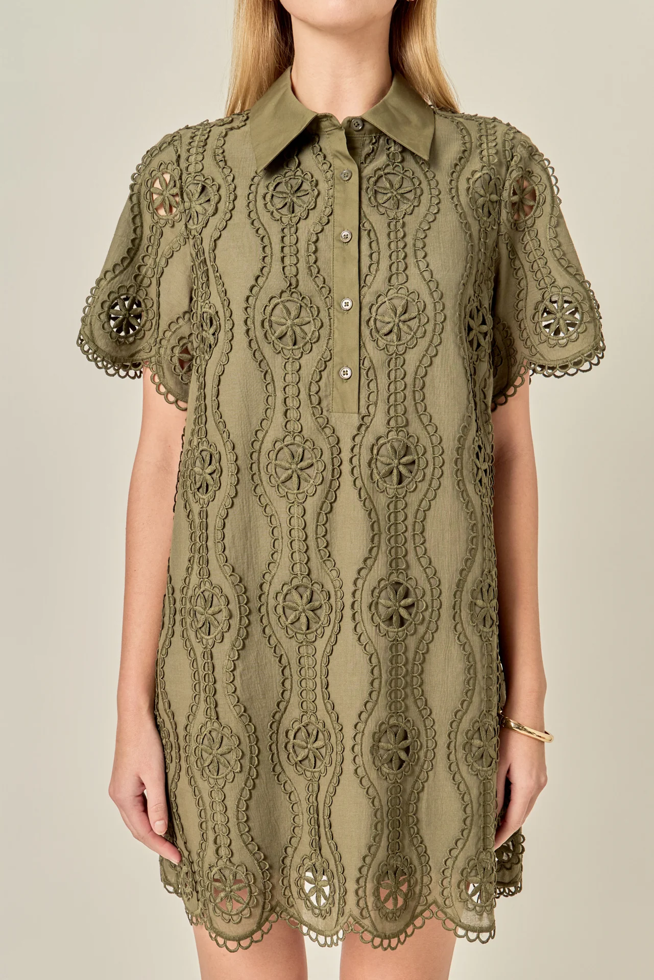 Scallop Embroidered Cotton Mini Shirt Dress - Image 9