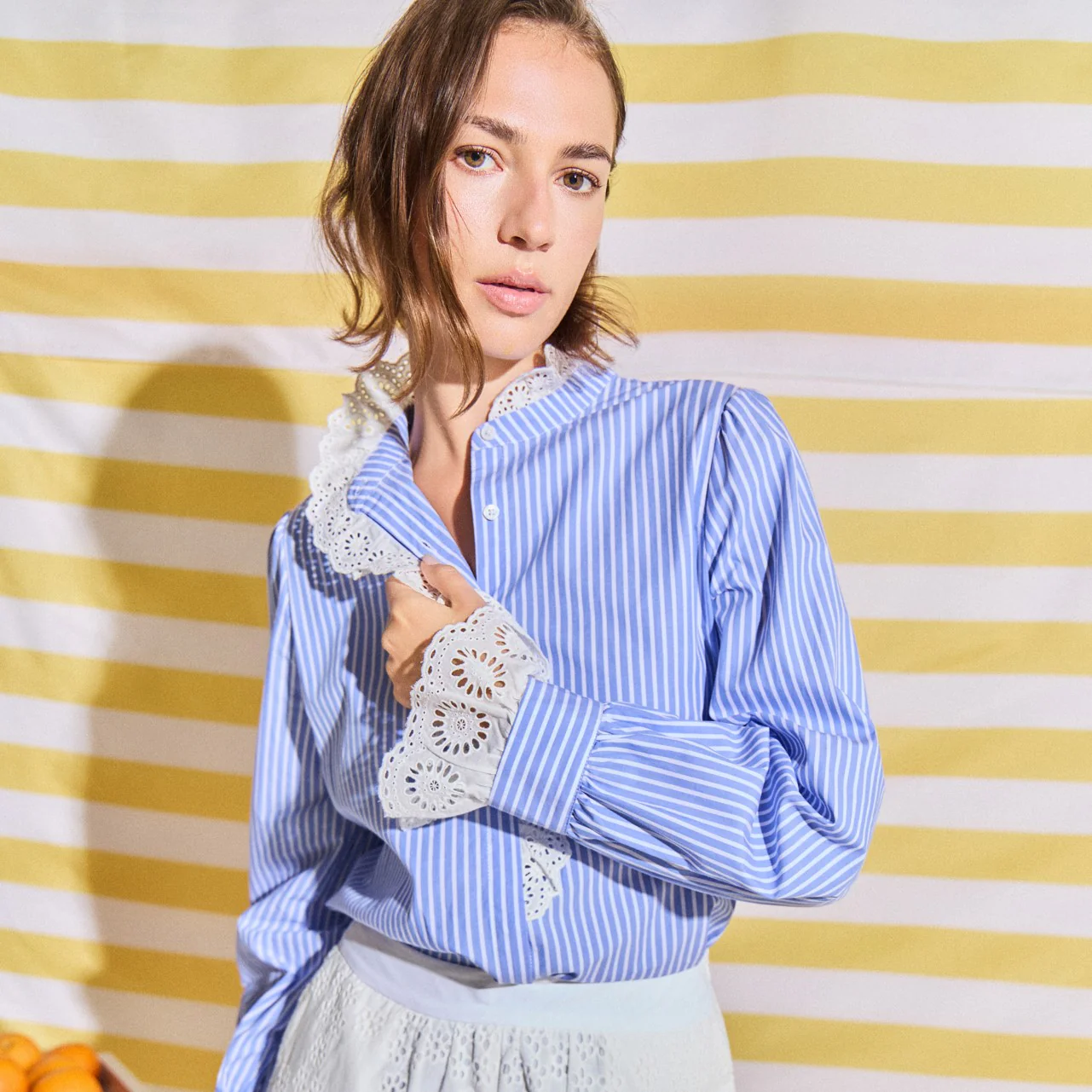 Scalloped Lace Detail Stripe Shirt Blouse - Image 8