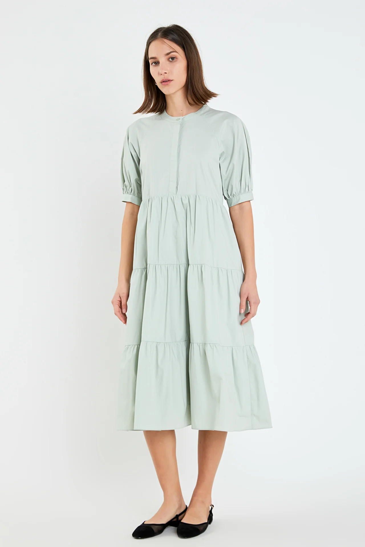 Short Puff Sleeve Midi Dress With Pockets - Image 19