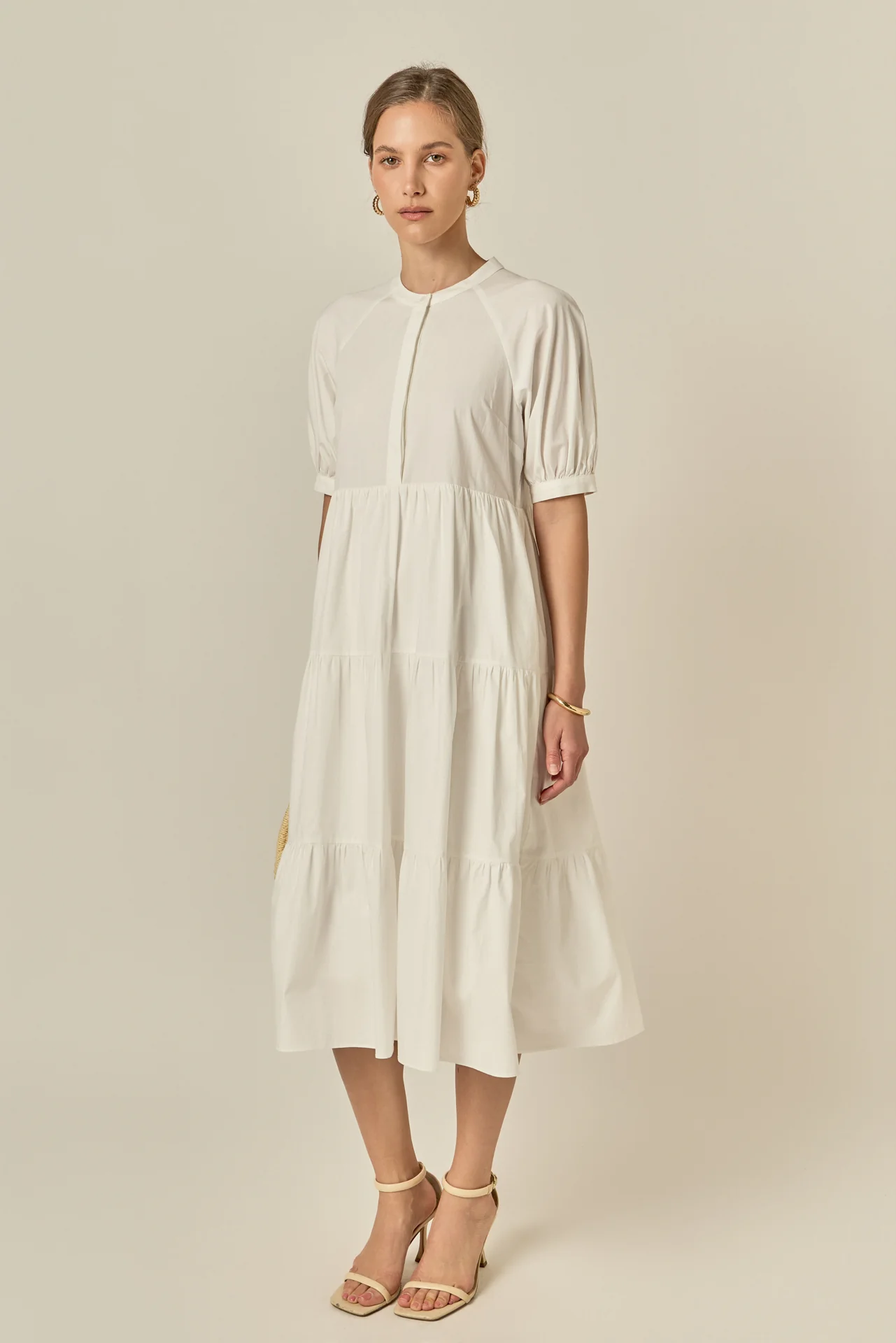 Short Puff Sleeve Midi Dress With Pockets - Image 3