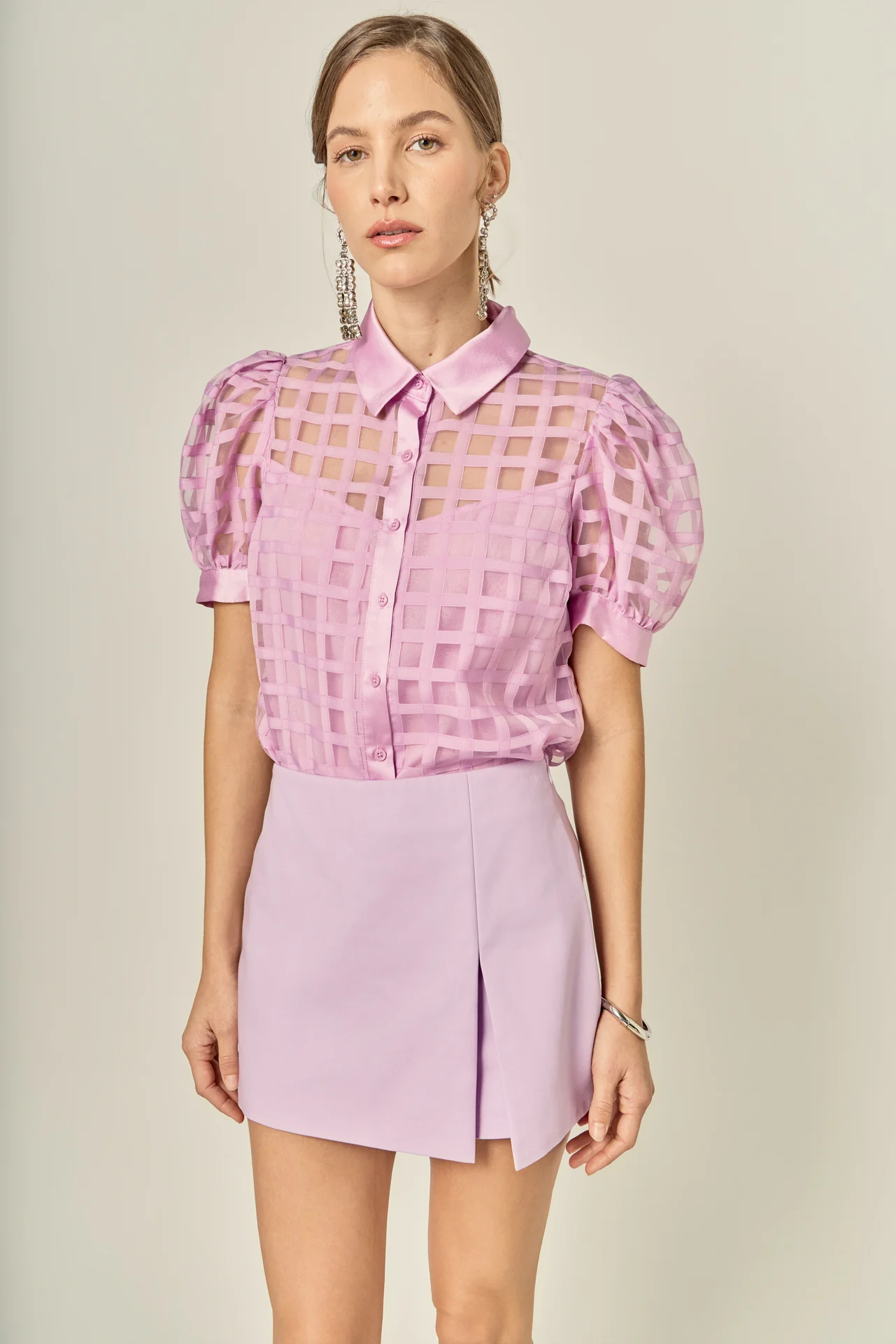 Short Sleeve Organza Grid Blouse - Image 12