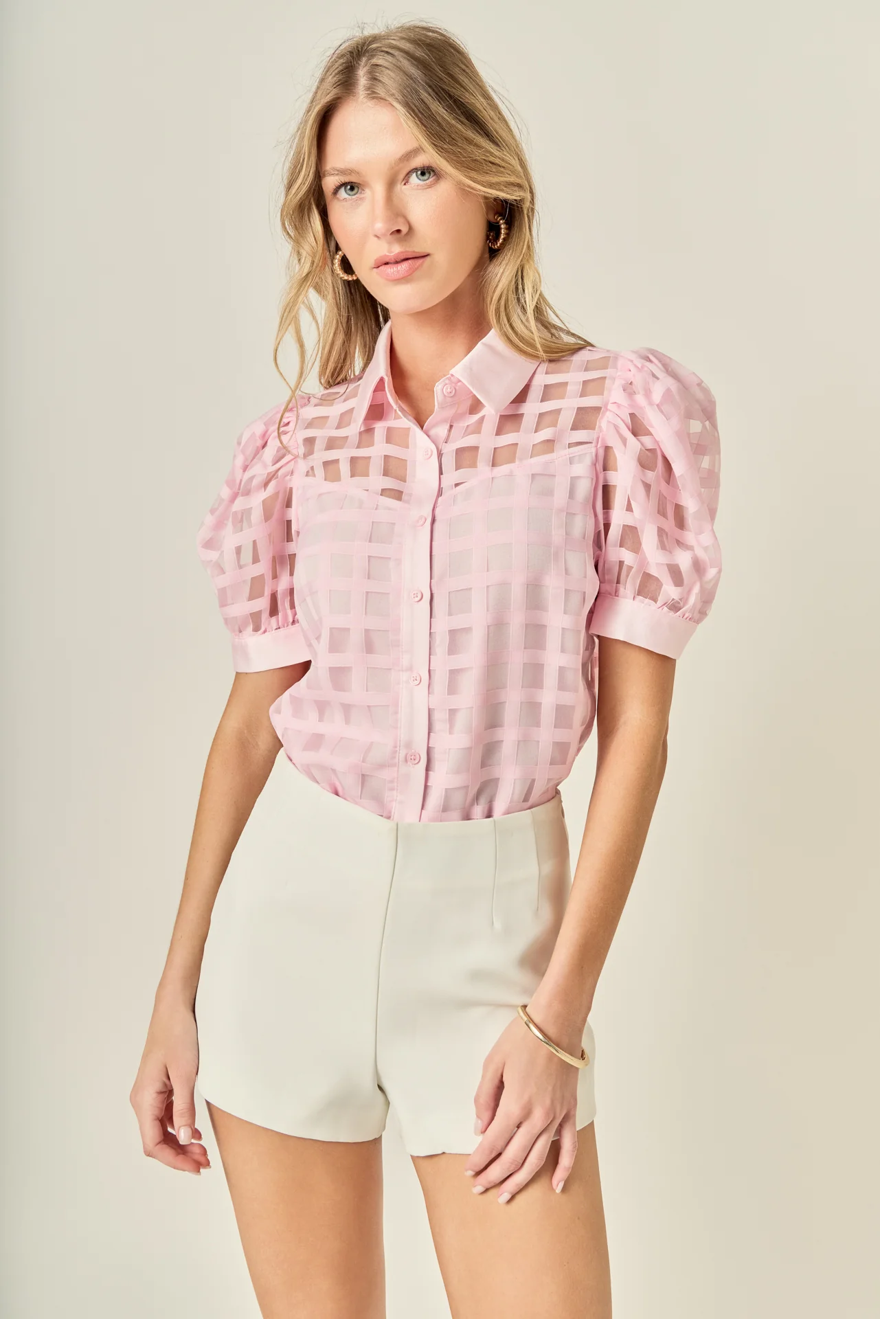 Short Sleeve Organza Grid Blouse - Image 17