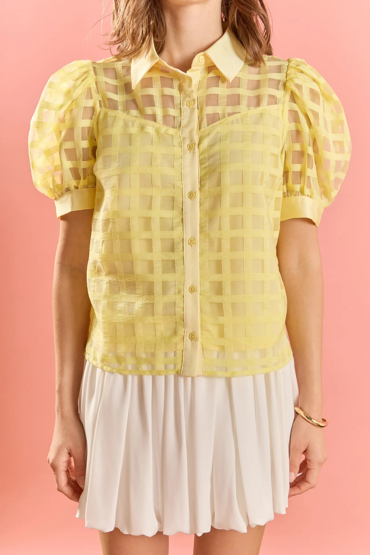 Short Sleeve Organza Grid Blouse - Image 2
