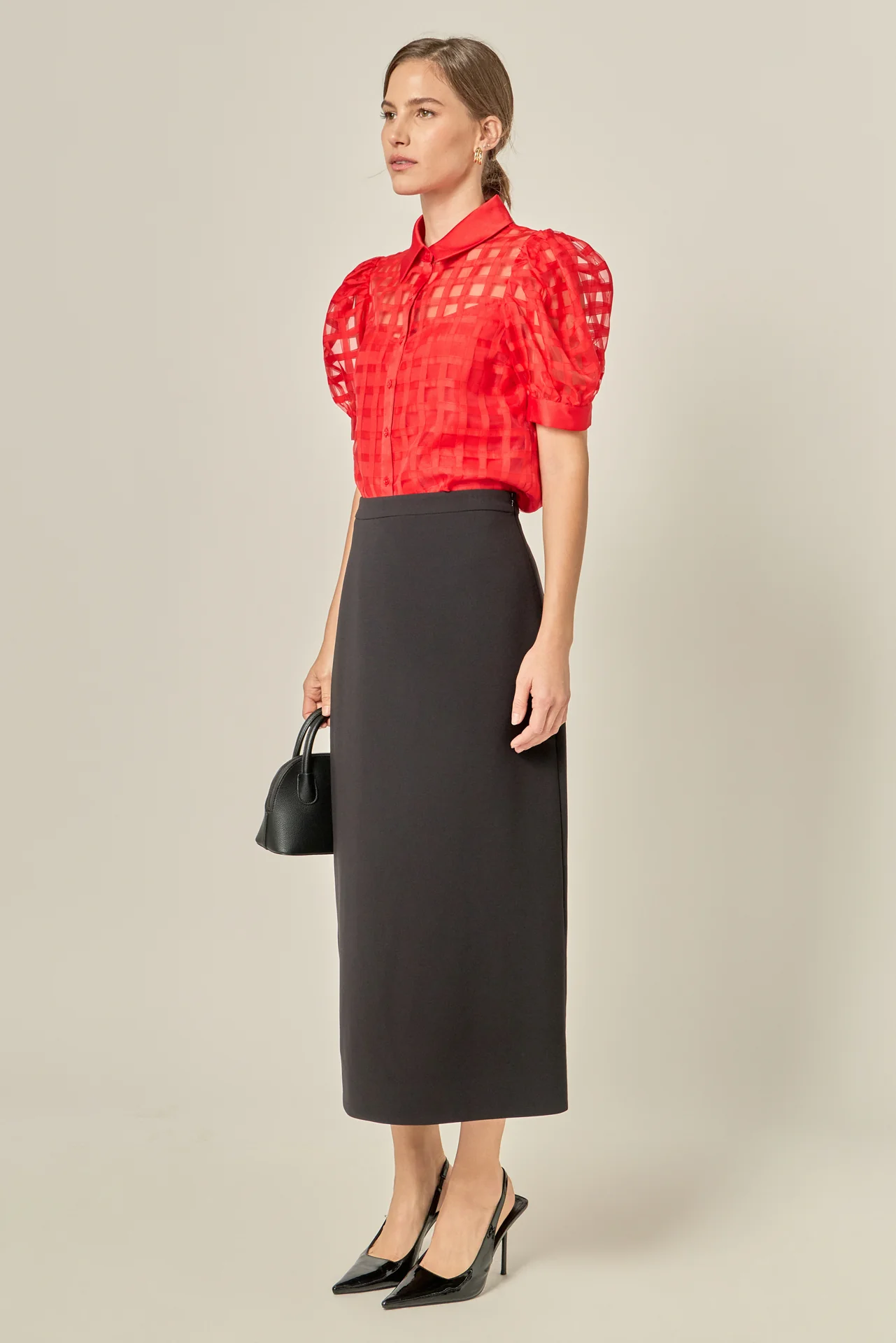 Short Sleeve Organza Grid Blouse - Image 21
