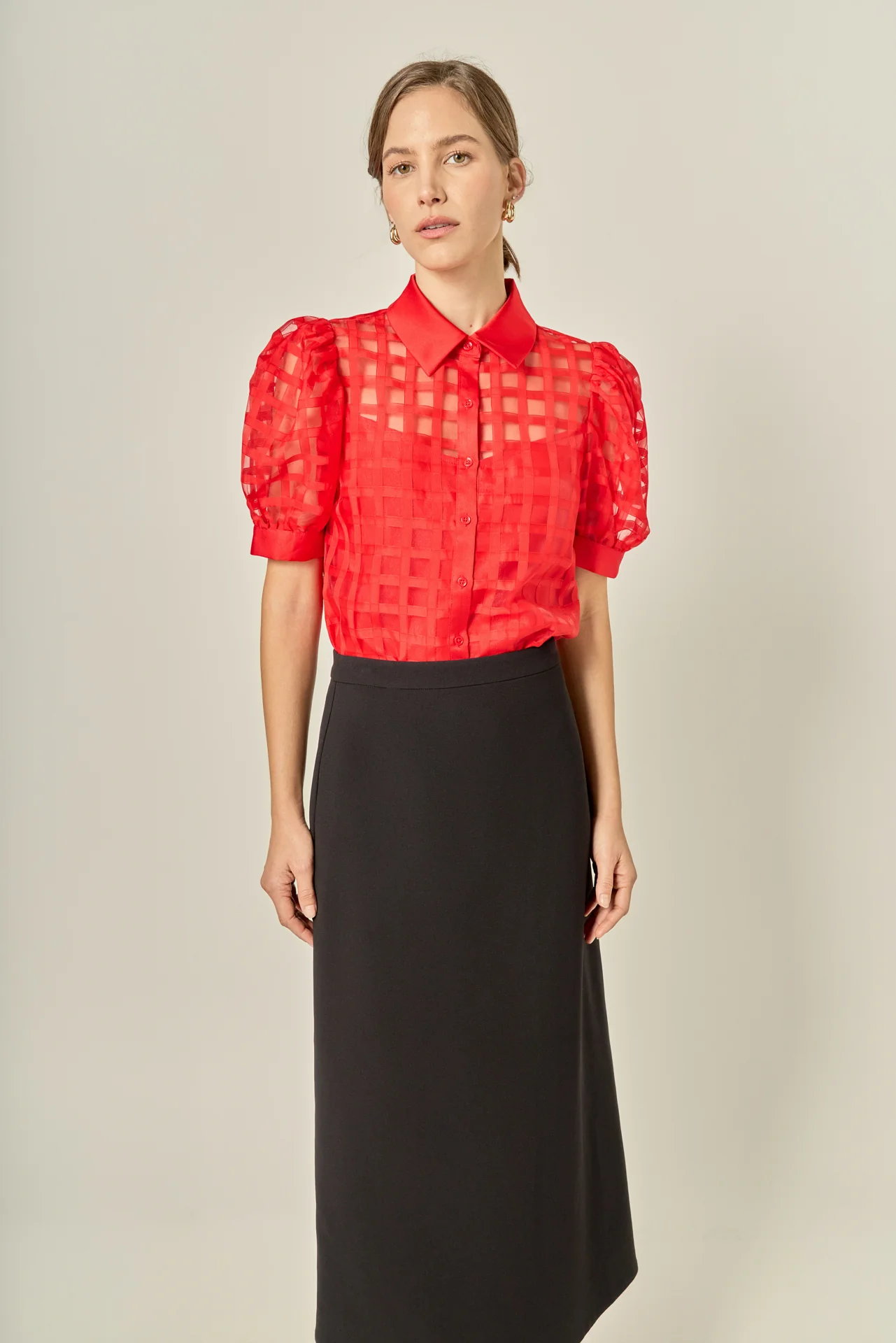 Short Sleeve Organza Grid Blouse - Image 23