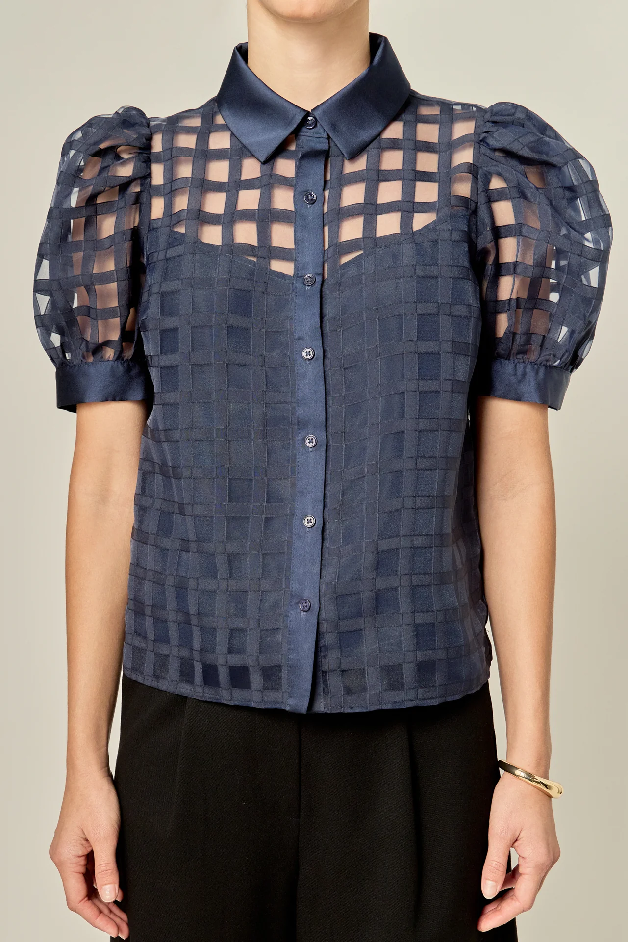 Short Sleeve Organza Grid Blouse - Image 25