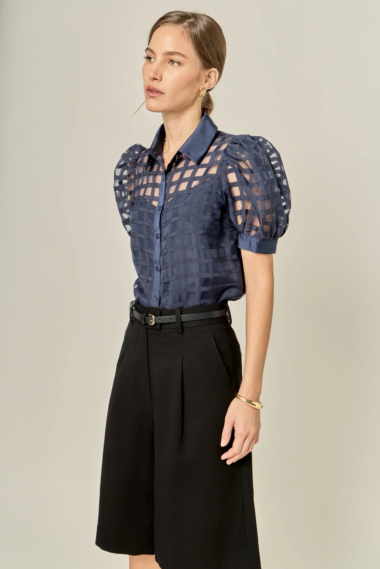 Short Sleeve Organza Grid Blouse - Image 26