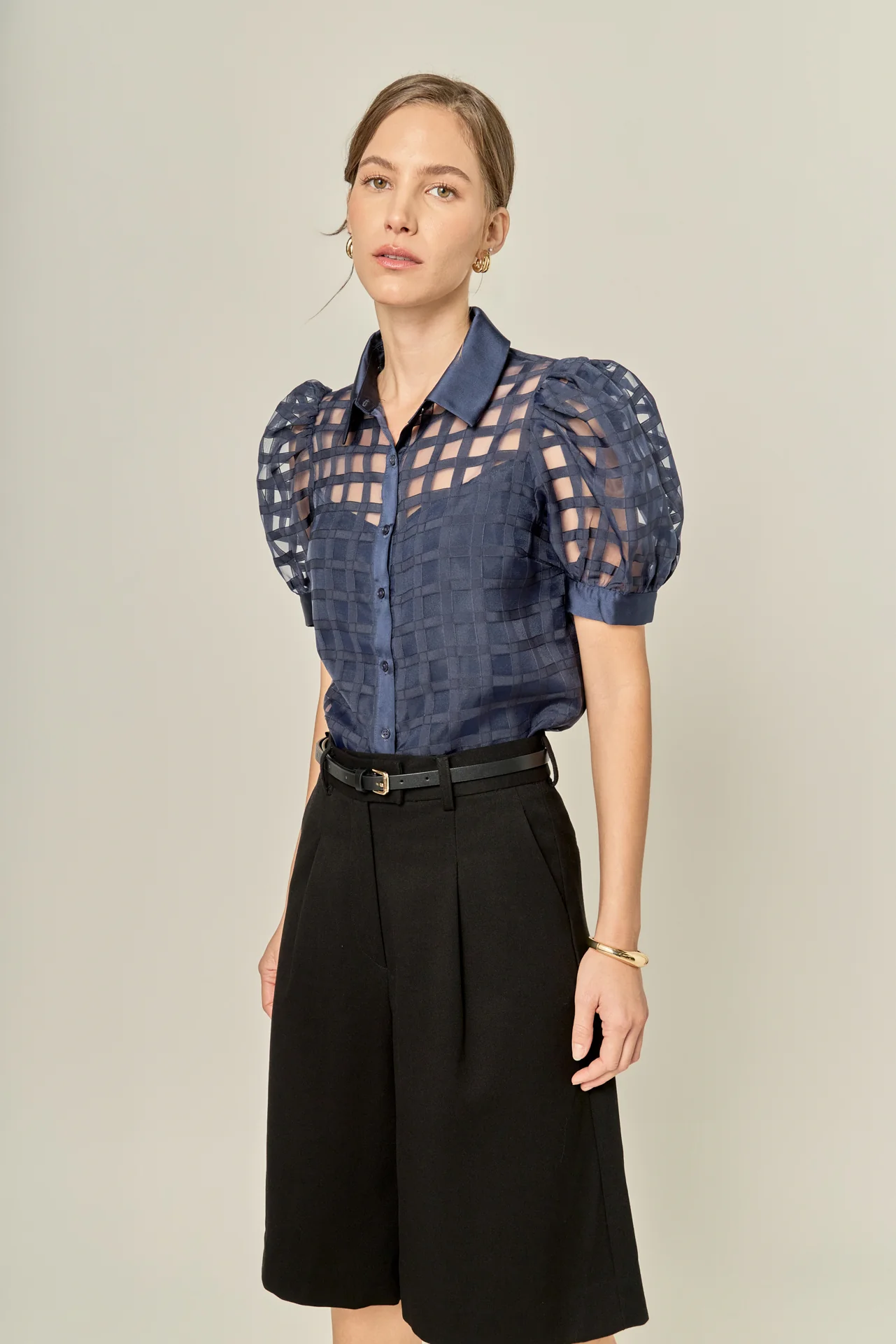 Short Sleeve Organza Grid Blouse - Image 27
