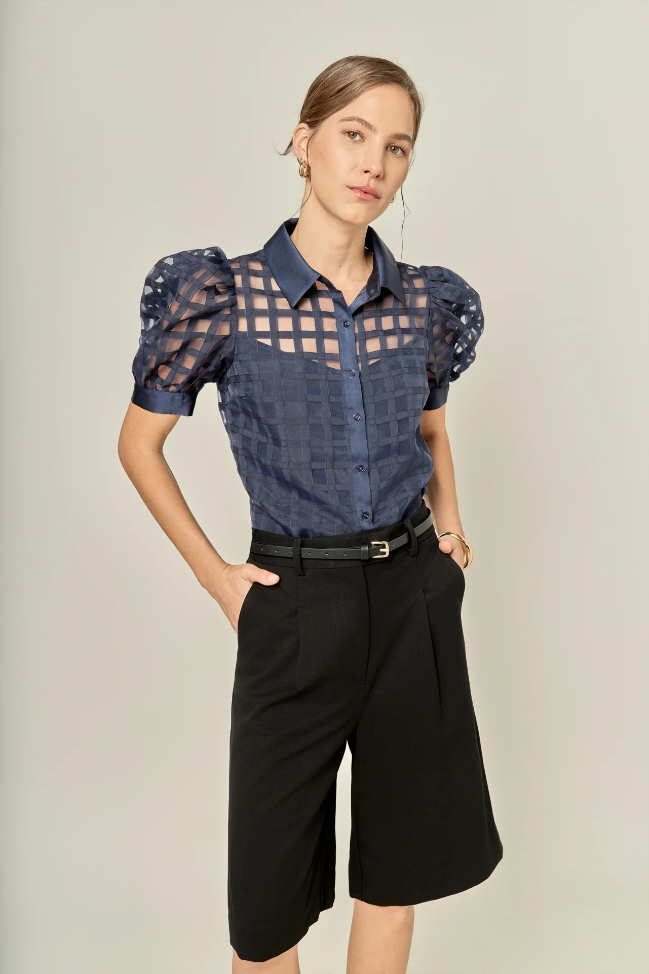 Short Sleeve Organza Grid Blouse - Image 28