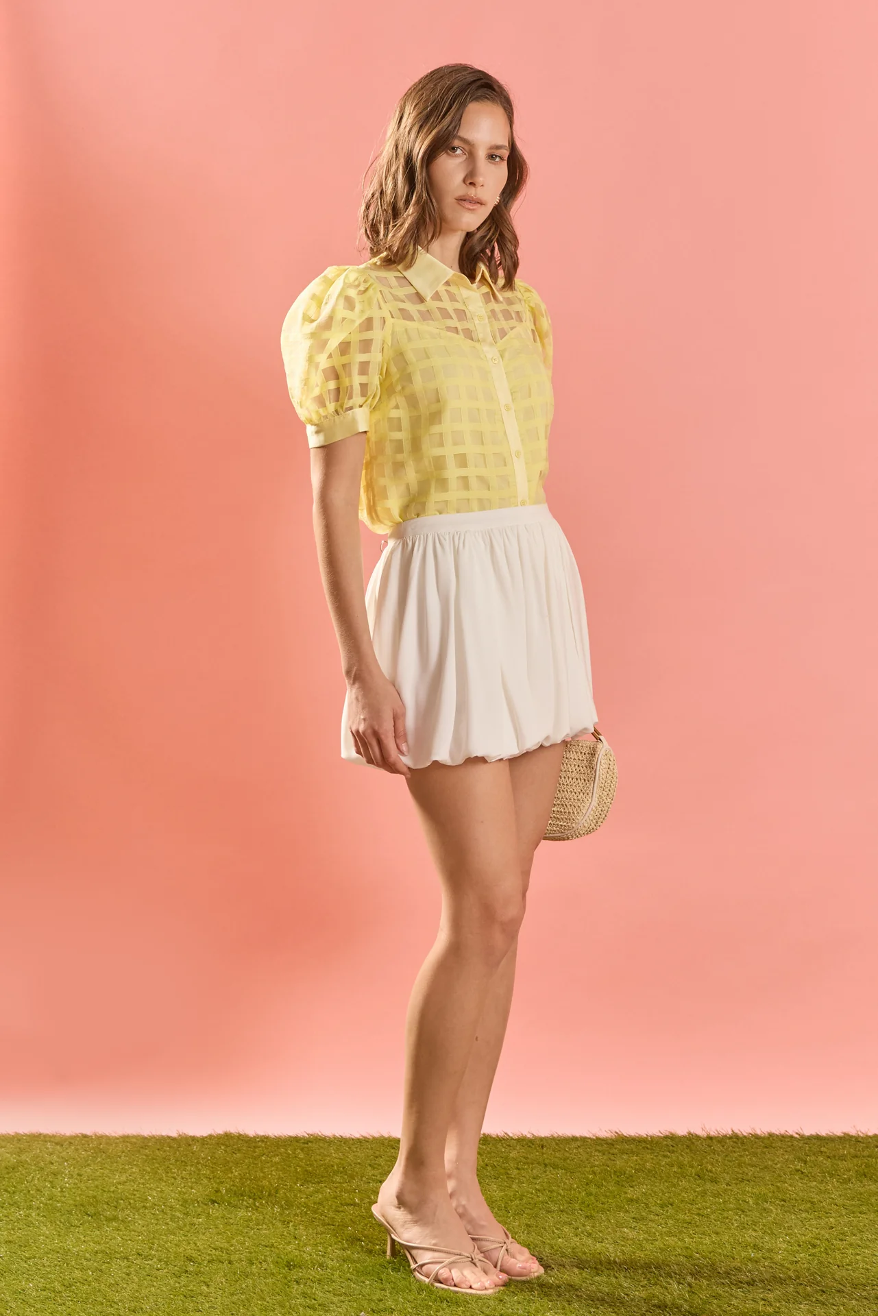 Short Sleeve Organza Grid Blouse - Image 3