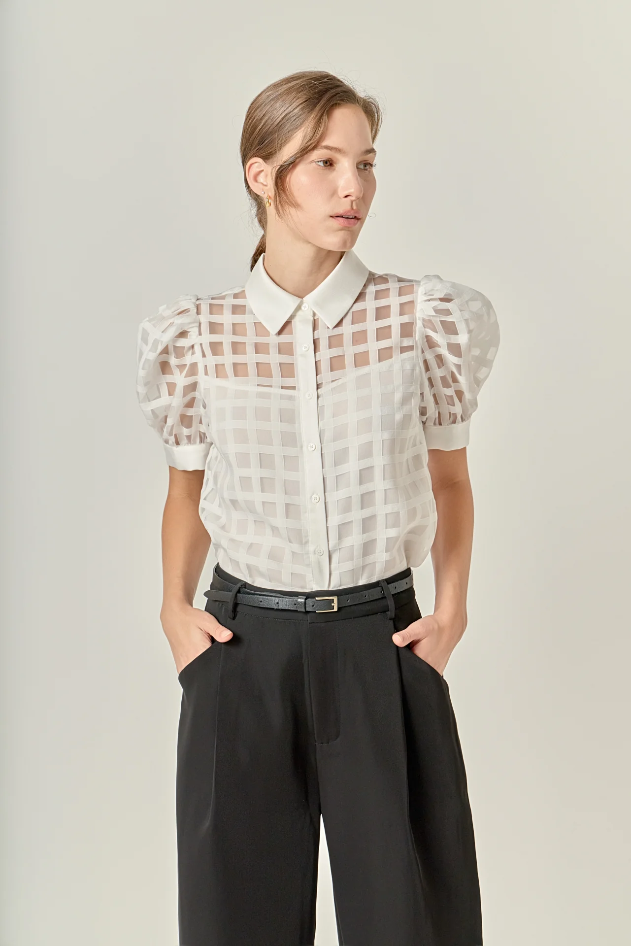 Short Sleeve Organza Grid Blouse - Image 33