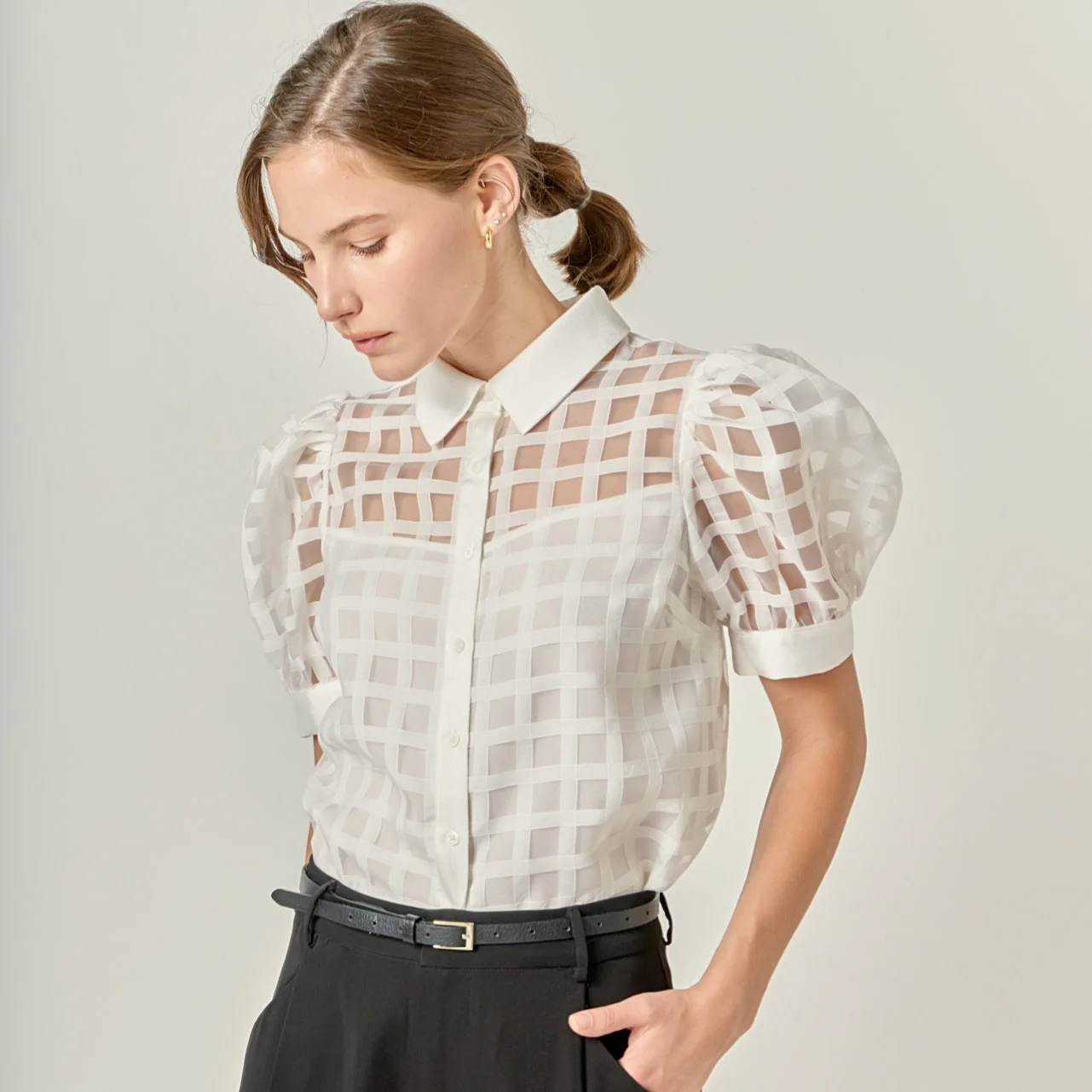 Short Sleeve Organza Grid Blouse - Image 34