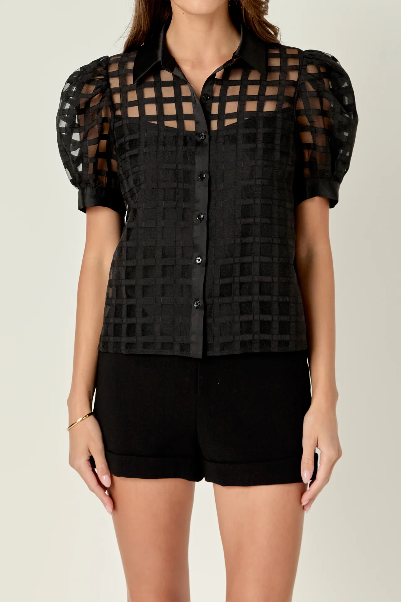 Short Sleeve Organza Grid Blouse - Image 36